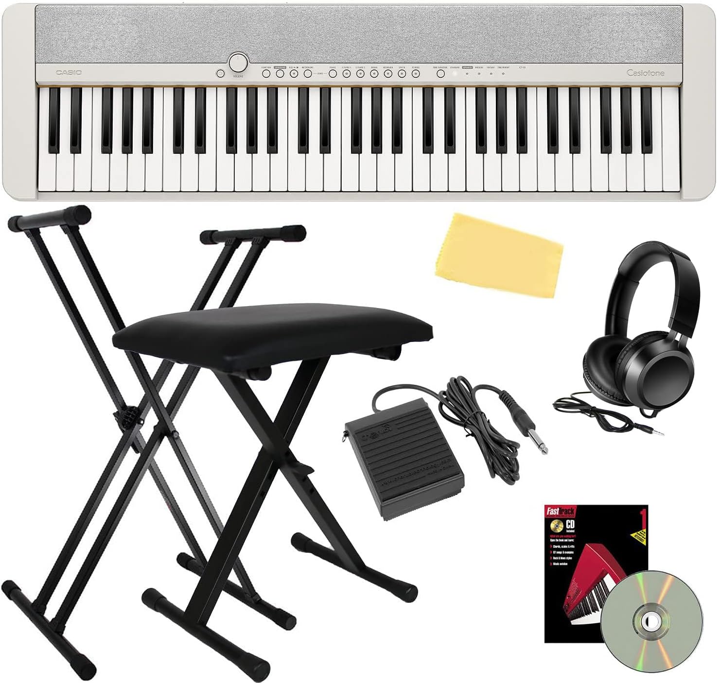 Casio CT-S1 Casiotone 61-Key Portable Keyboard - White Bundle with Adjustable Stand, Bench, Sustain Pedal, Headphones, Instructional Book, Instructional DVD, and Austin Bazaar Polishing Cloth