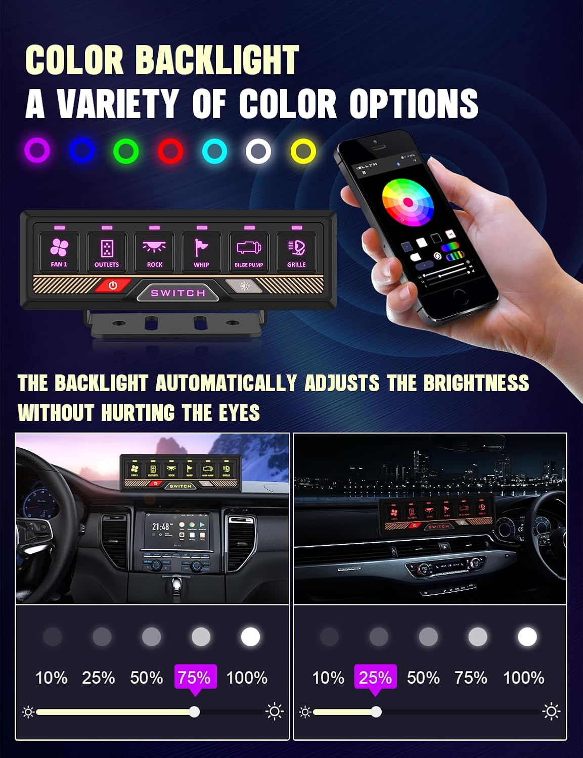 Chelhead Bluetooth Switch Panel 12V Universal 6 Gang Switch Box, Works with Android Auto & App, RGB Keypad, Programmable Modes for Led Pods Whip Lights Electronic Accessories for UTV Trucks