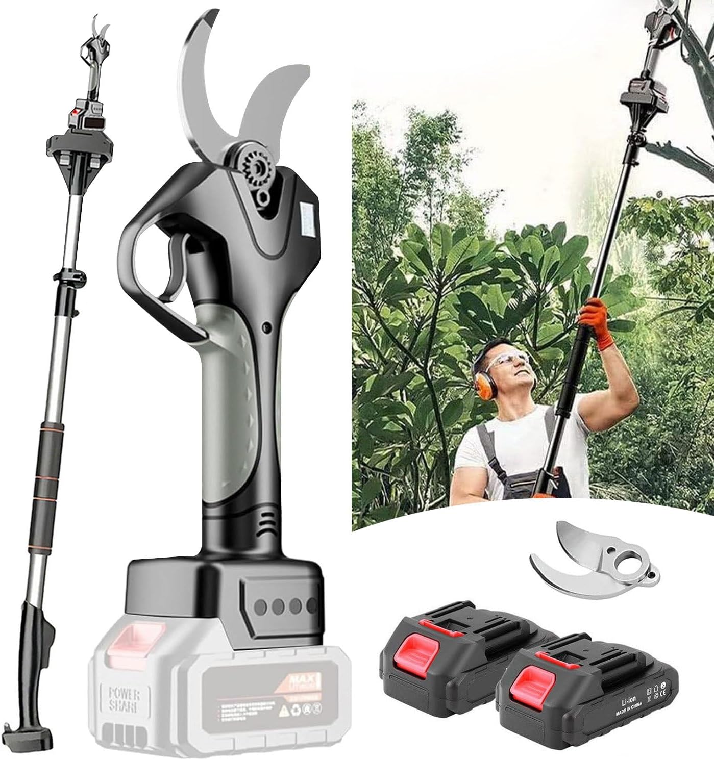 Cordless Pruning Shears, 50mm Electric Pruning Shears with 2×4500mah Battery, 2.1m Adjusted Retractable Pole, Digital Display, Branch Scissors, Pruner for Pruning, Gardening
