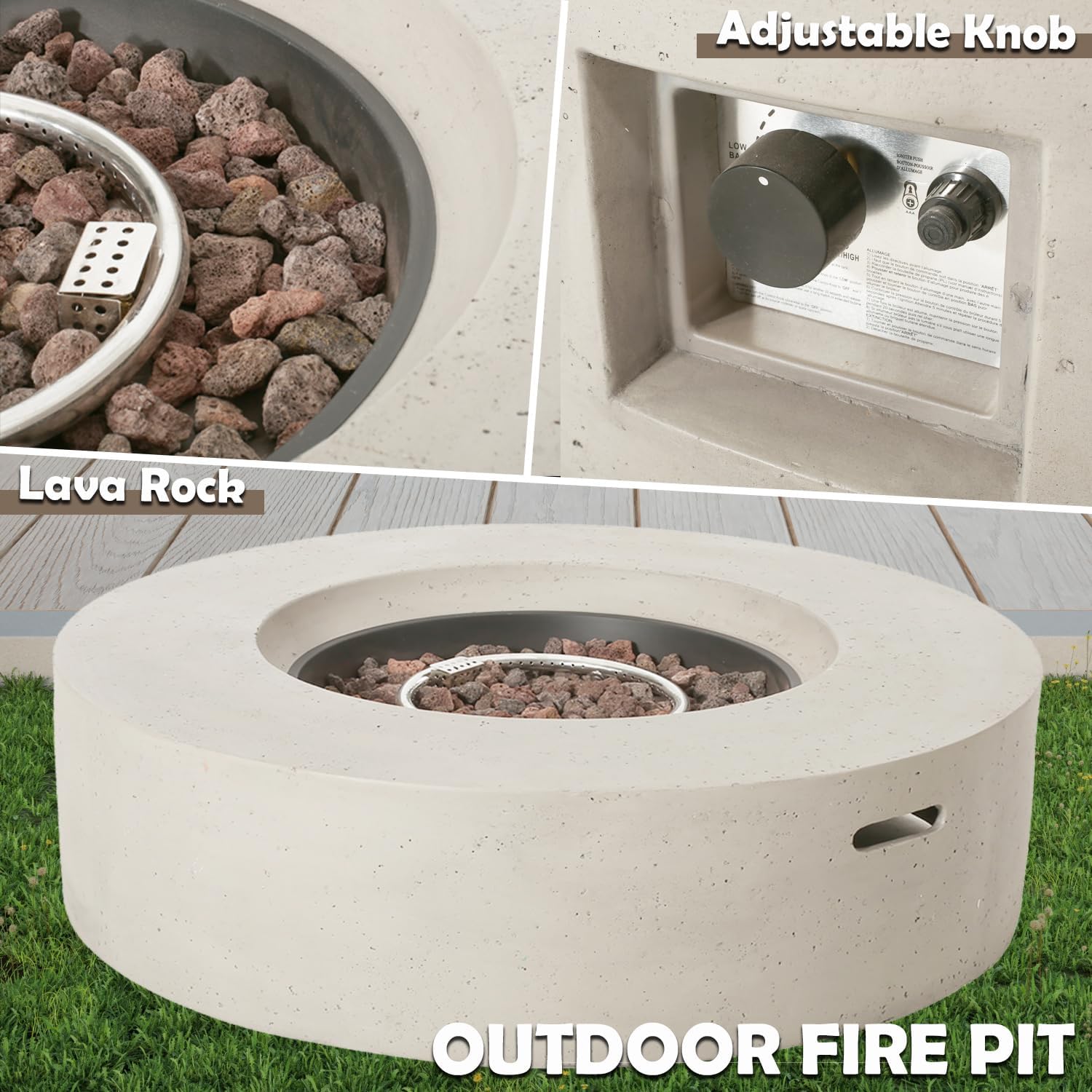 Outdoor 39 Inch Propane Fire Pit Table, 50,000 BTU Concrete Patio Fire Pit with Lava Rocks, Round Gas Fire Table for Party on Patio, Garden, Yard