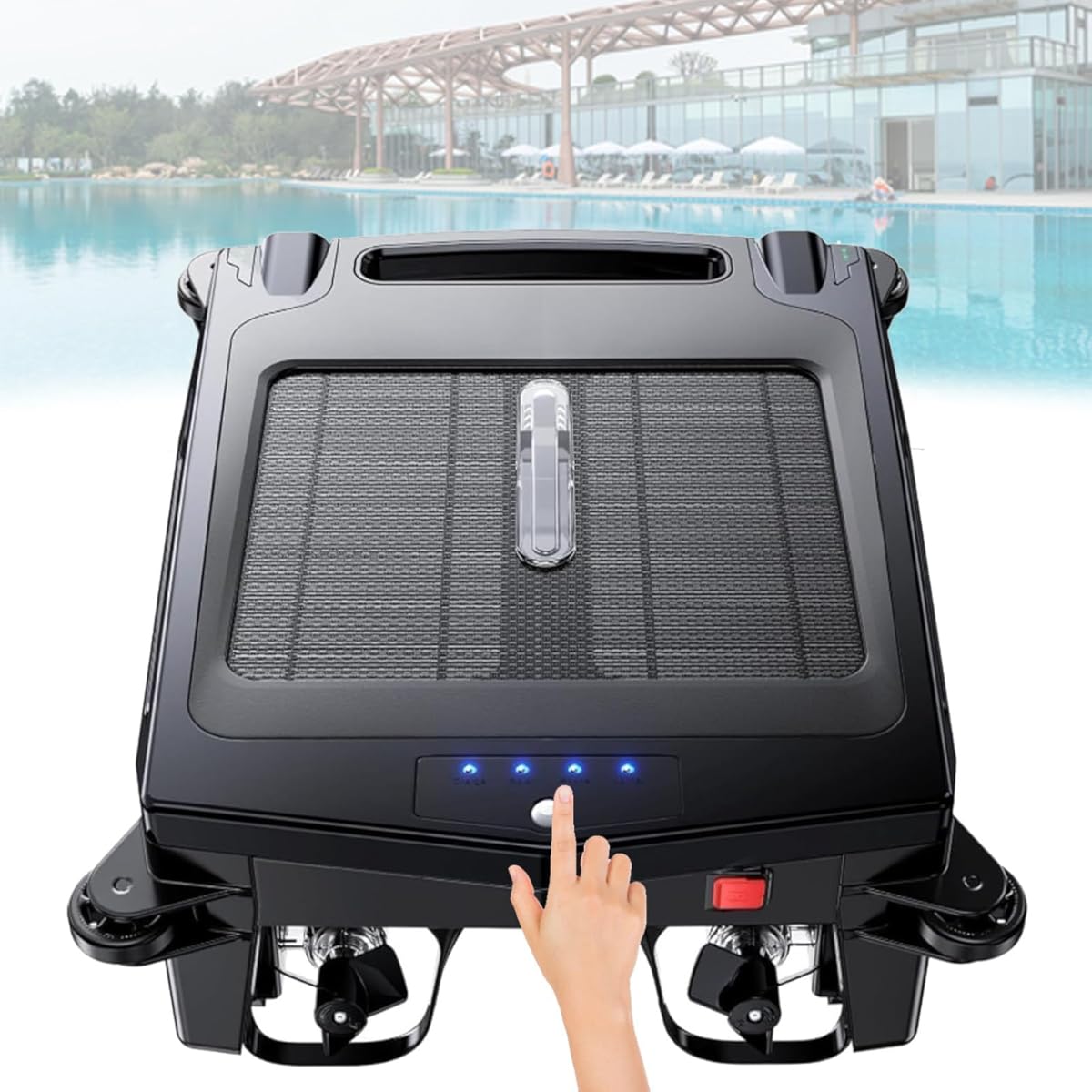Solar Powered Robotic Pool Sur face Skimmer Robot with 24 7 Continuous Cleaning, Cordless Robotic Cleaner Smart Obstacle Avoidance, 3.4L Garbage Collection Basket, 2 Speed Modes