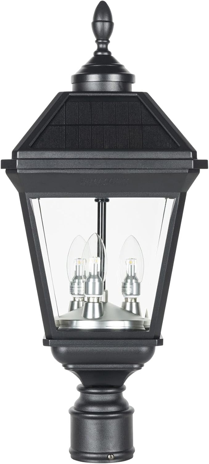 Gama Sonic Imperial Solar Post Light, Black Aluminum and Glass, Triple Candelabra Bulb with 3-inch Fitter for Lamp Poles, Warm White 2700K, 37BC50012