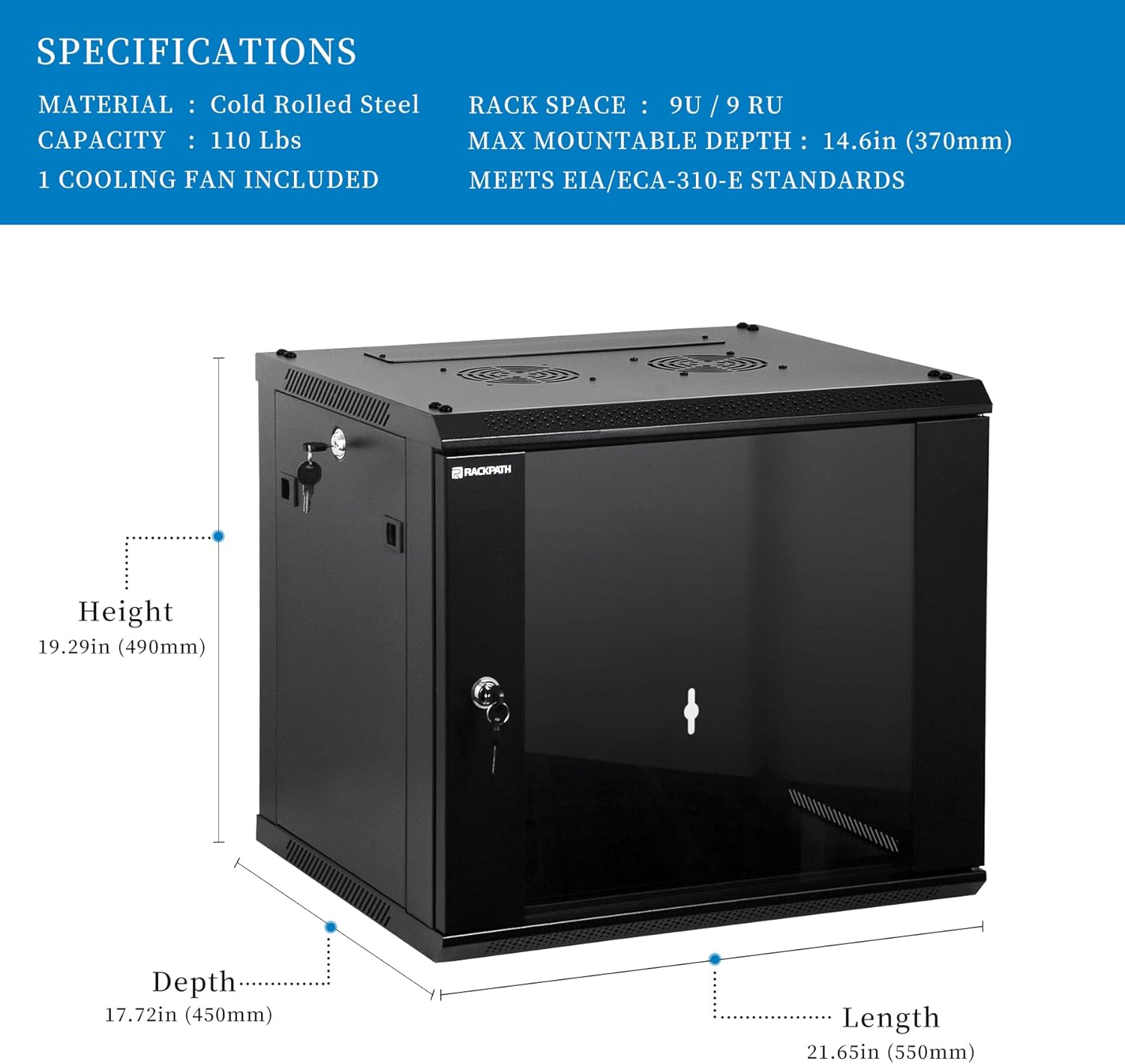 RackPath 9U Wall Mount Network Rack Cabinet – Quiet Cooling Fan, Locking Glass Door, 17.7