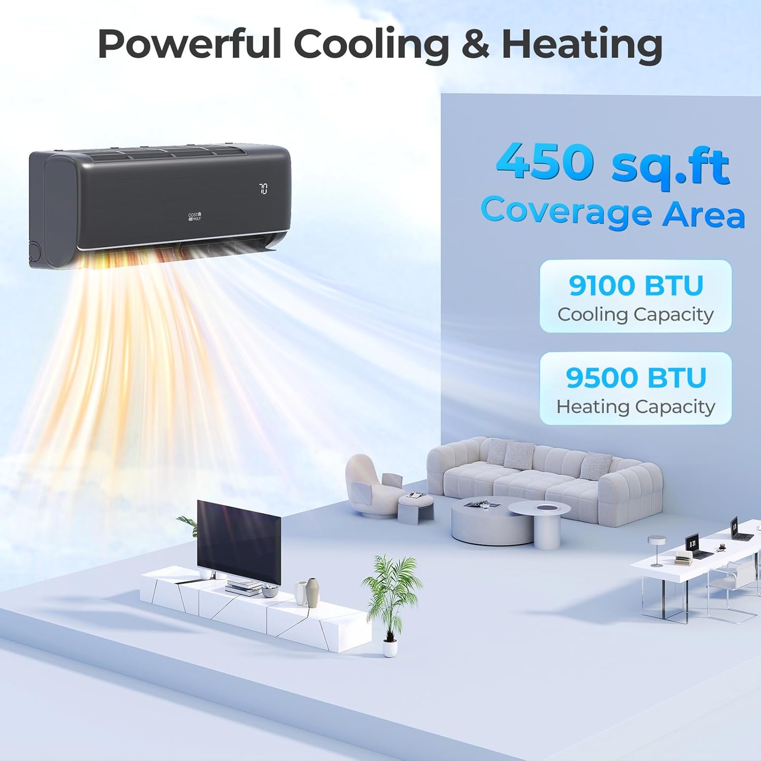 COSTWAY 9100BTU Mini Split Air Conditioner& Heater, 20.5 SEER2 115V Inverter Heater Pump System Cools Up to 450 Sq. Ft, Compatible with Alexa, Installation Kit (9100BTU, 115V, 20.5 SEER2)