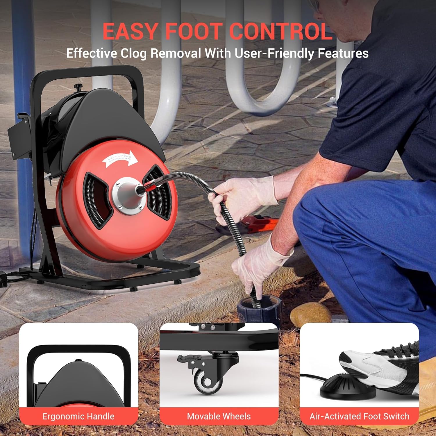 50Ft Heavy-Duty Drain Cleaner Machine, 1/2