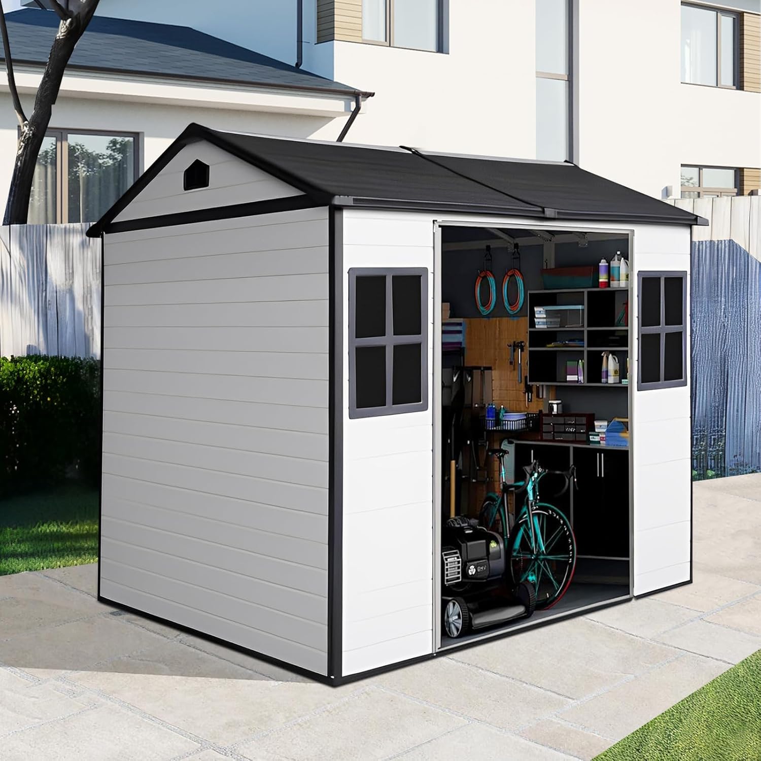 8x6 FT Resin Storage Sheds Outdoor with Floor, 2 Windows & Lockable Door Storage Shed - Waterproof Garden Tool Shed, Patio & Backyard Tool Storage Cabinet Use - Off-White