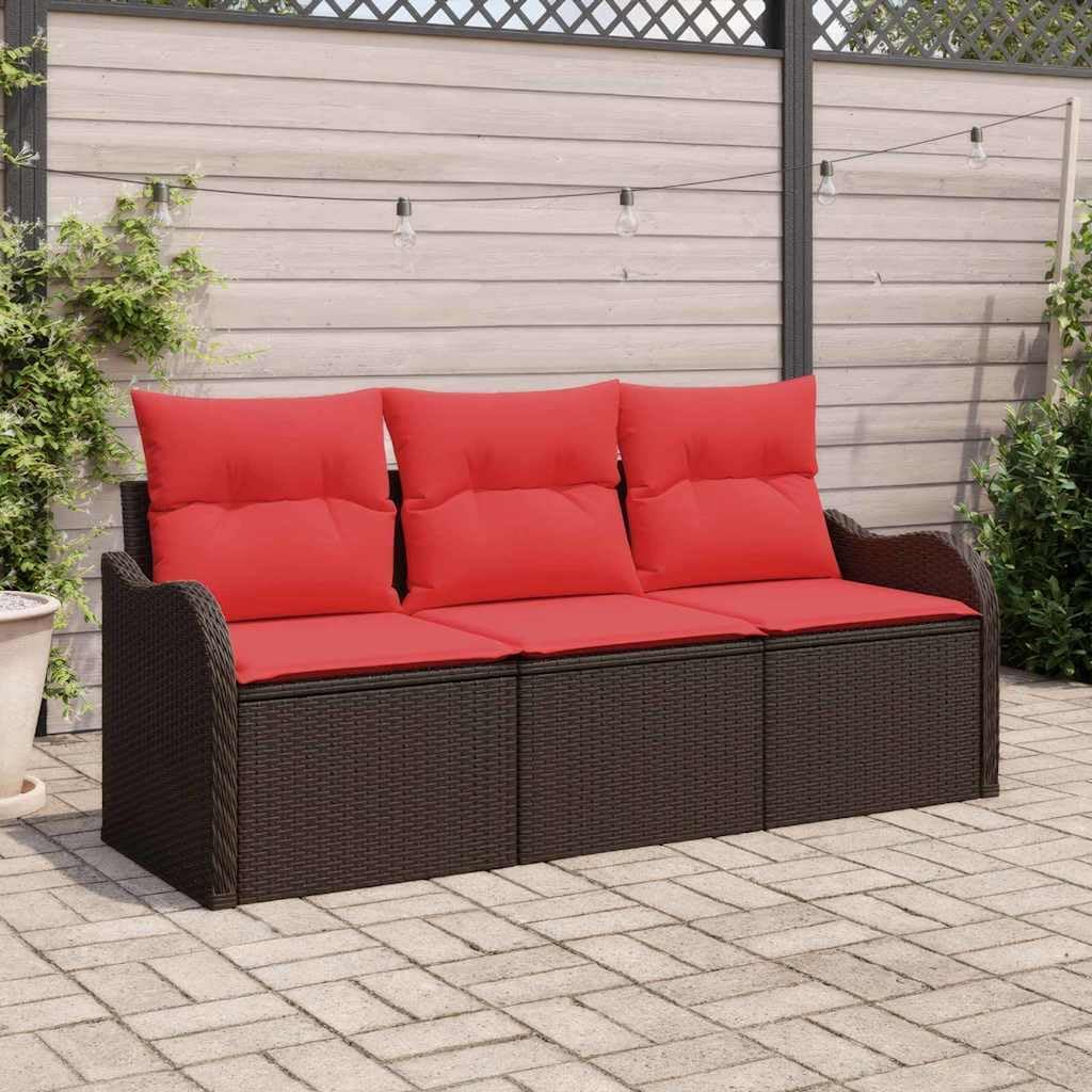 Brown Poly Rattan Garden Sofa Set with Cushions 3 pcs, Modern Outdoor Furniture for Patio, Adjustable Tabletop and Hidden Storage, Durable Weather-Resistant Seating