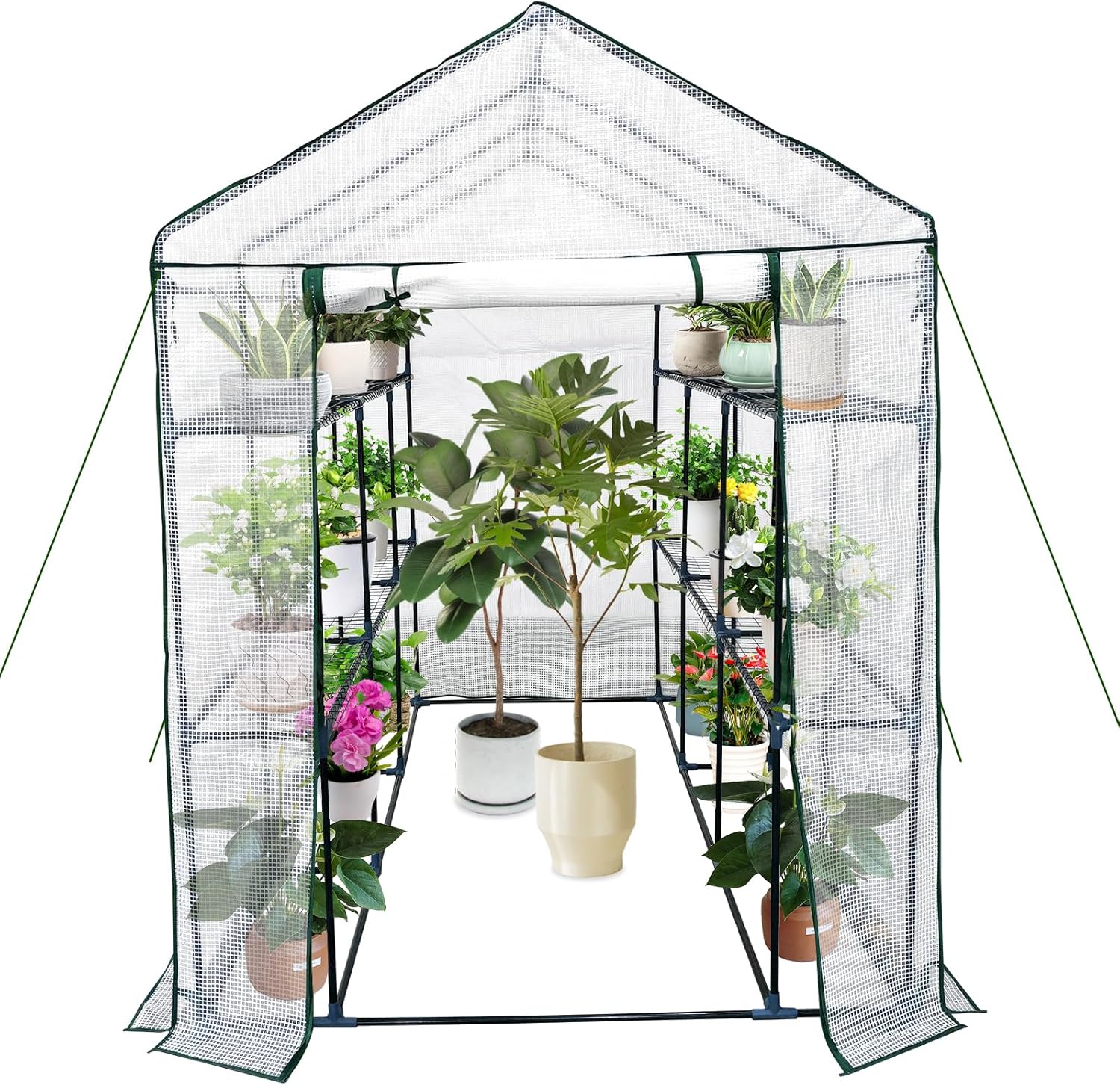 Walk in Greenhouse for Outdoors - All Season Plant House with 6 Shelves, Mesh Windows, Waterproof Cover, Roll-Up Zippered Door, 3 Tier Garden Hot House for Seedling Flowers Growing for Patio, Backyard