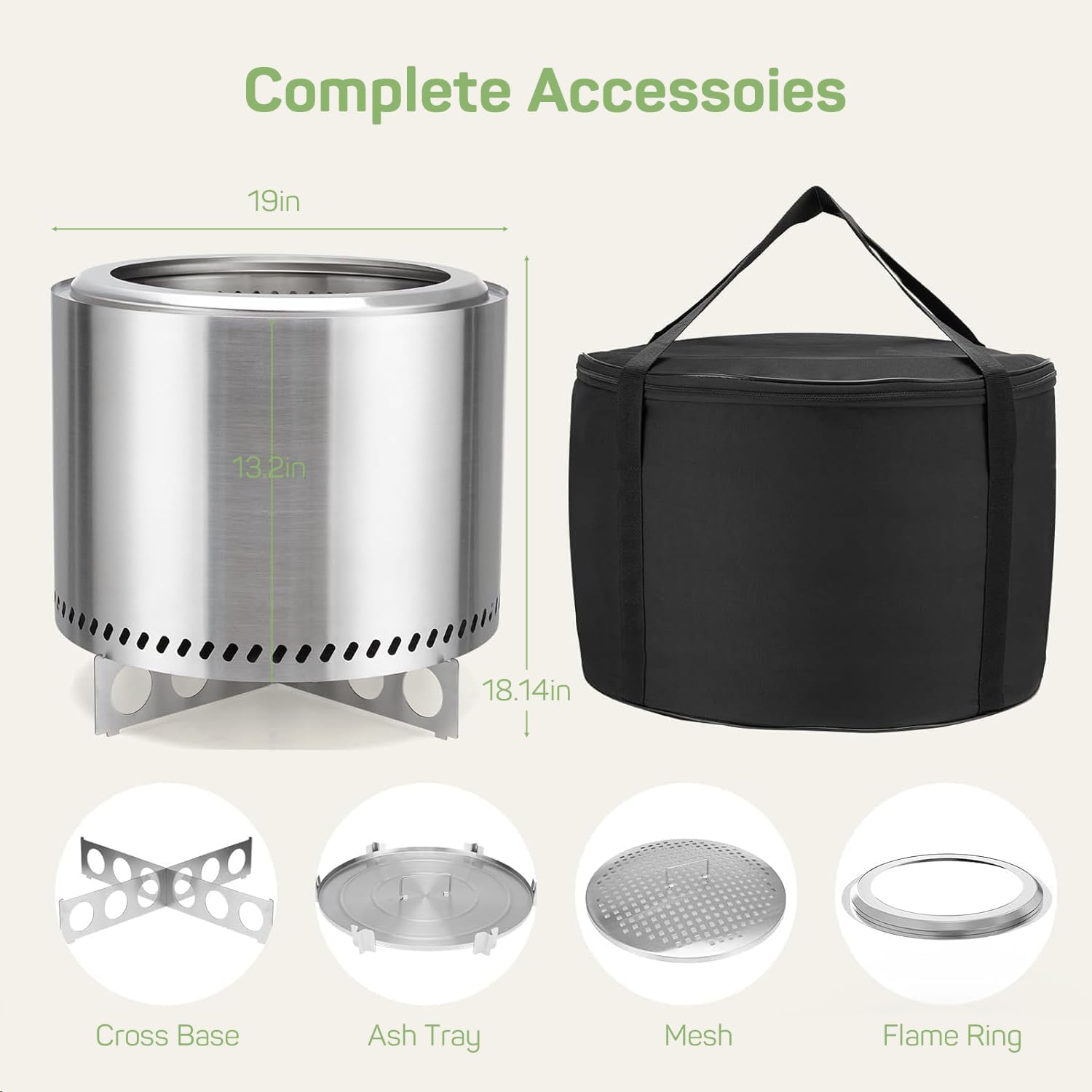 Smokeless Fire Pit, 19-Inch Outdoor Firepit with Stand, Portable Stainless Steel Wood Burning Bonfire for Outside Patio Camping with Carry Bag, Ideal for 4-6 People, 22.44 lbs