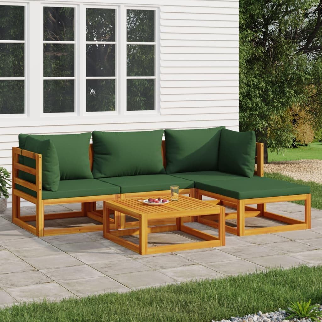 Patio Set 5 Piece Patio Lounge Set with Green Cushions Solid Wood
