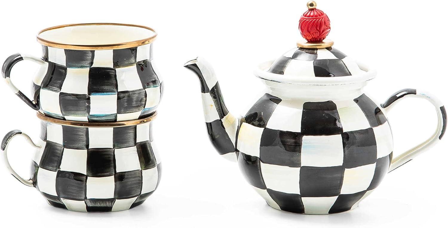 MACKENZIE-CHILDS Enamel Tea Party Set, Unique Teapot and Teacups, Tea Accessories Set, Black-and-White Courtly Check