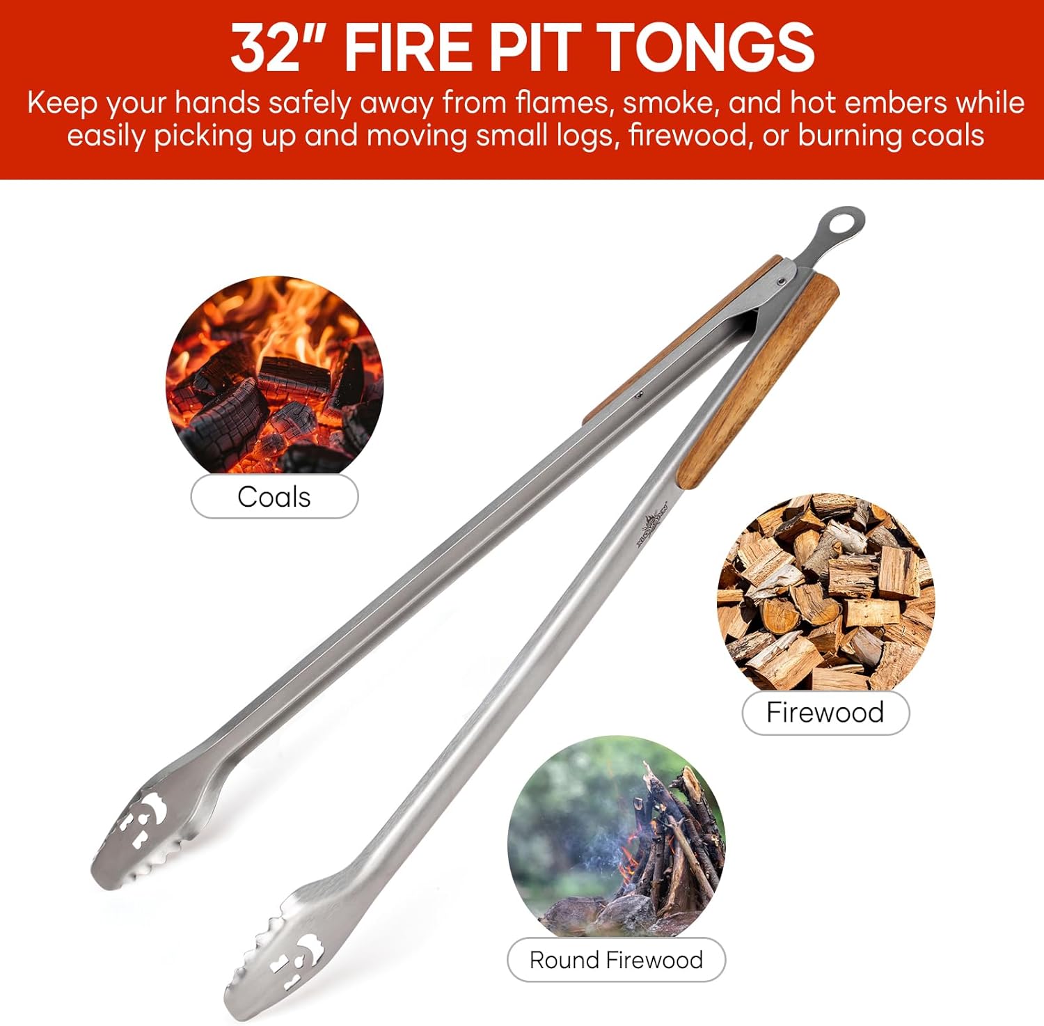 Fire Pit Tongs 32-inch Super Long for Loading Wood,BBQ with Extended Luxurious Acacia Handle for Fire Pits, Fire Rings,Campfires, and Fireplaces, Outdoor or Indoor ﻿