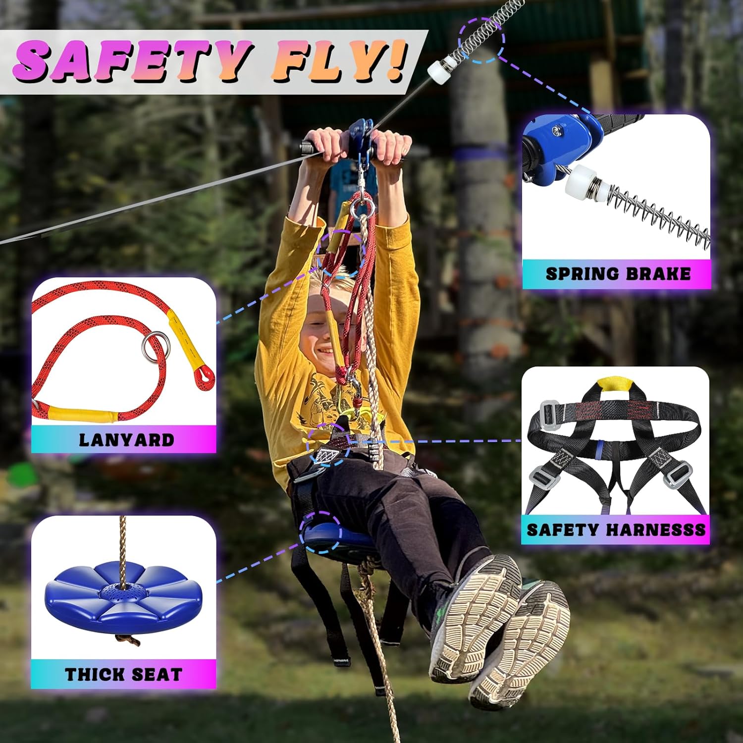 CTSC Zipline for Kids and Adult, Zip line Kits for Backyard with Stainless Steel Spring Brake, Cable Tensioning Kit, Safety Harness, 2 Tree Protectors and Full Set of Zip line Accessories