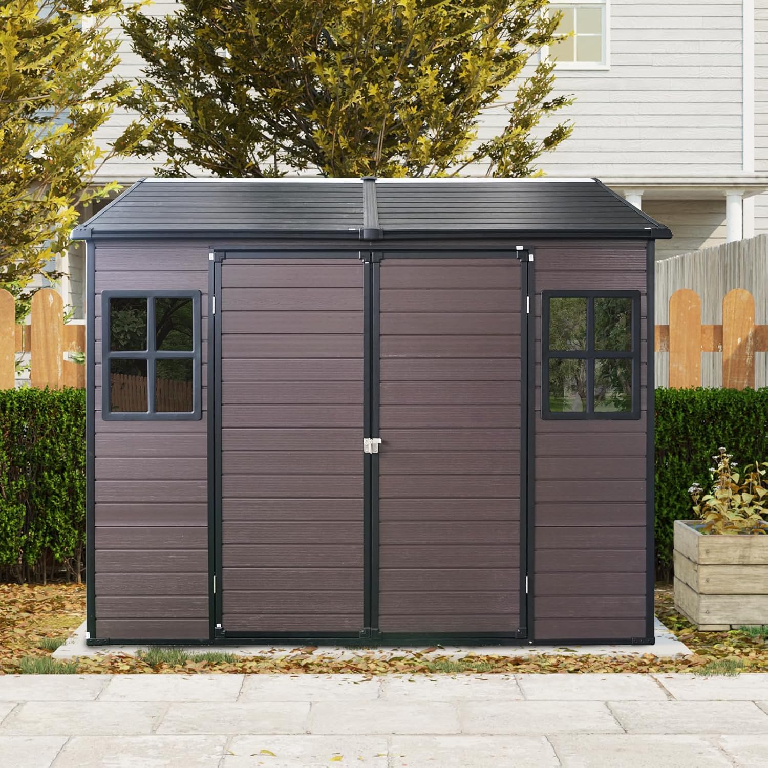 8x6 FT Resin Outdoor Storage Shed with Floor, Two Windows, Air Vents & Lockable Door, Weatherproof Garden Tool Shed for Backyard, Patio or Lawn Equipment, Brown
