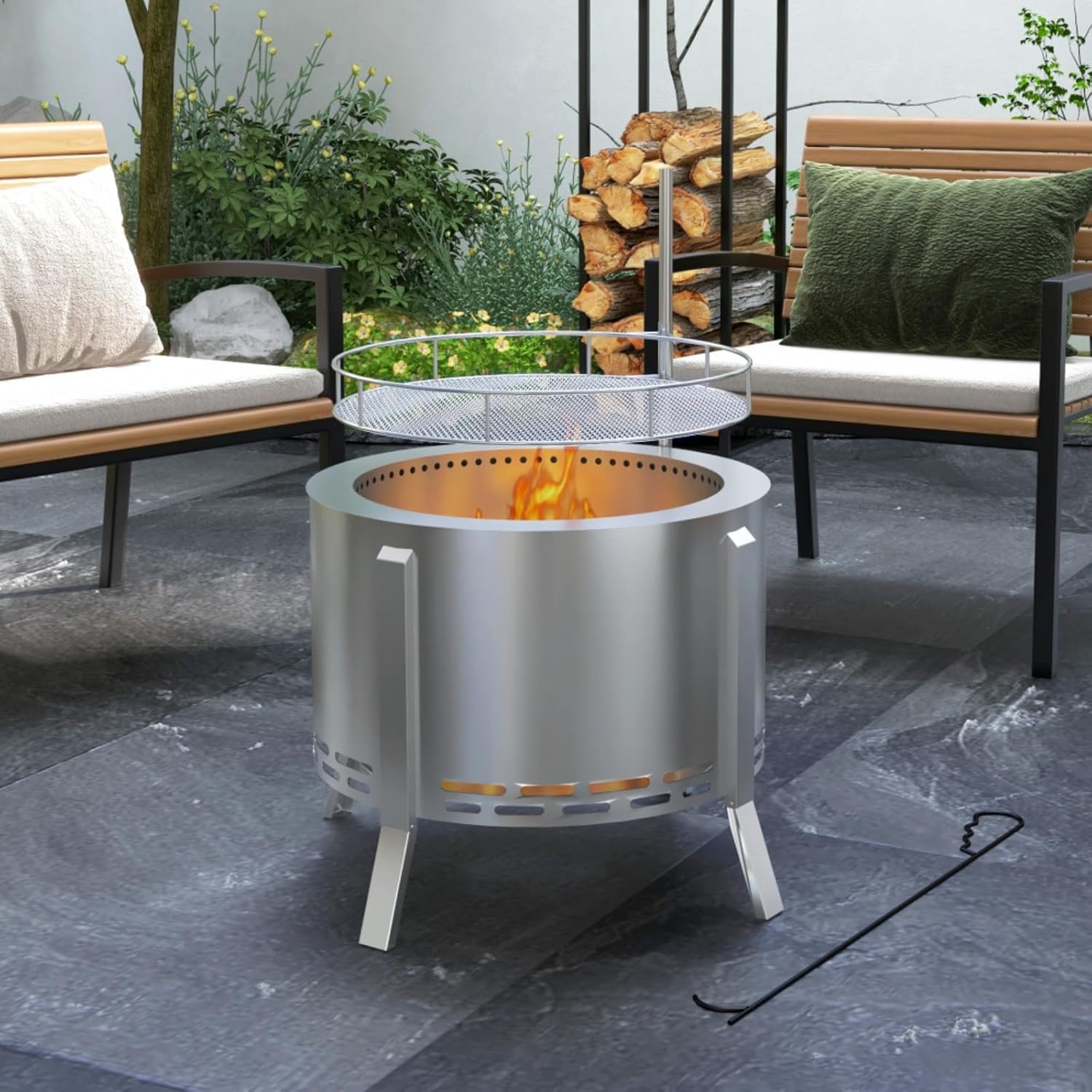 Stainless Steel 2-in-1 Smokeless Fire Pit, BBQ Grill, 19