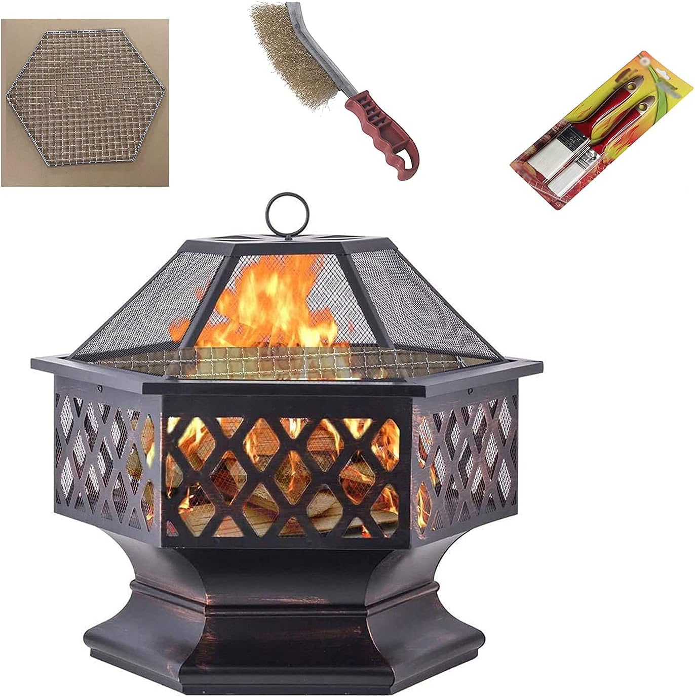 Outdoor Large Fire Pit Wood Burning 3 and 1 Grill Bowl Covered Fire Bowl with Grill Grate for Camping Picnic Bonfire Patio Backyard Garden Carry Food Tongs/Coal Clip
