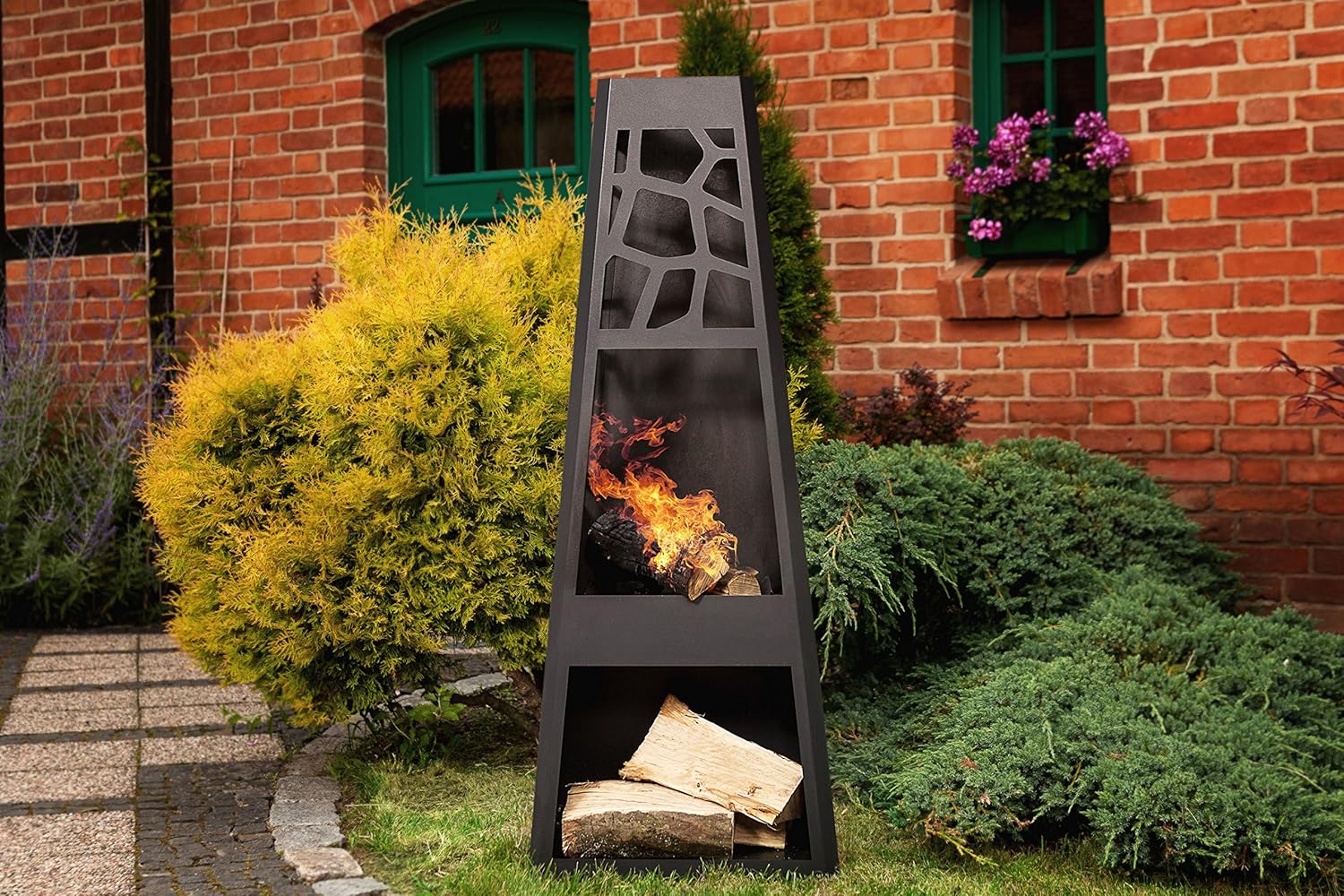 35424 Garden Stove XL Square Patio Stove Large with Storage Space for Firewood, Fire Pit Steel Powder-Coated Black 48 x 30.5 x 124 cm
