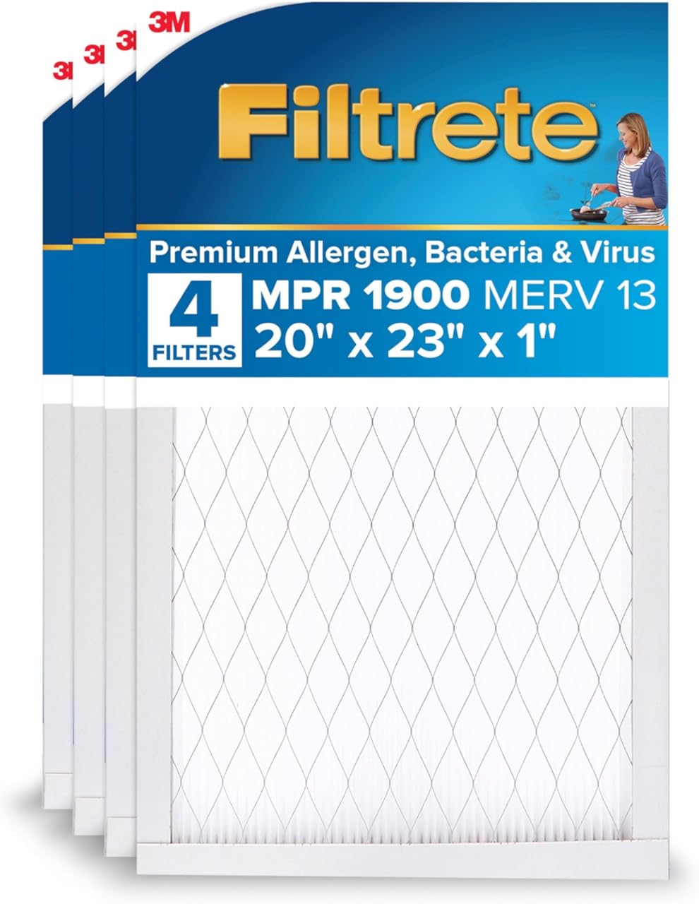 Filtrete 20x23x1 AC Furnace Air Filter, MERV 13, MPR 1900, Premium Allergen, Bacteria & Virus Filter, 3-Month Pleated 1-Inch Electrostatic Air Cleaning Filter, 4-Pack