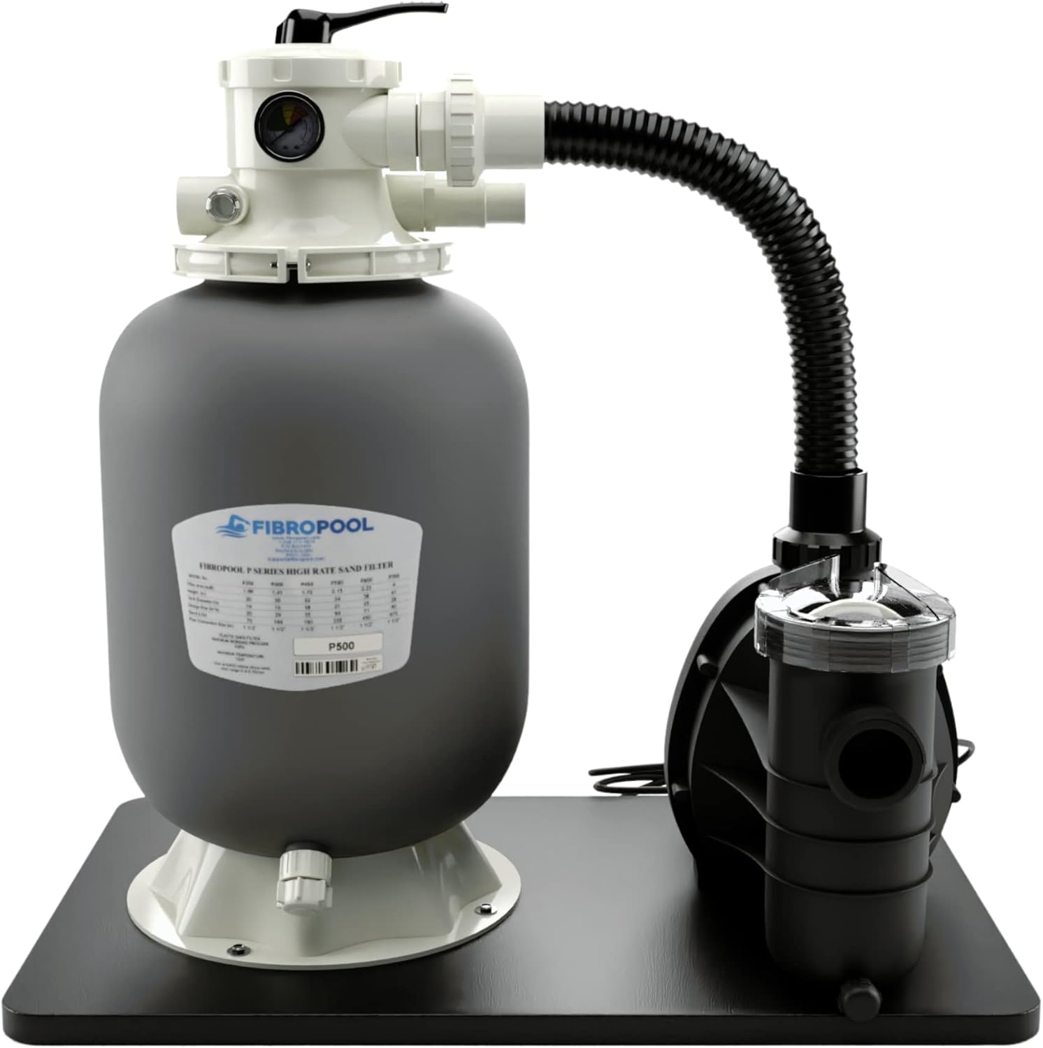 FibroPool Sand Filter Pump System For Above Ground Swimming Pools - Designed and Assembled in USA - Hose Adapters Included - High Efficiency - FSP Series (FSP14 0.2HP) Black