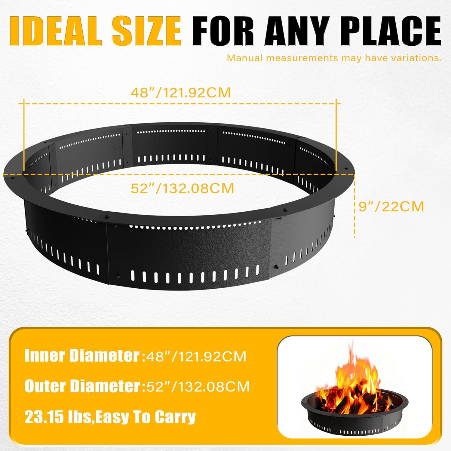 Smokeless Fire Pit Ring Insert - 48 Inch Outdoor Fire Pit Liner with Airflow Design for Efficient Burning, Durable Steel Construction, for Outdoor Camping