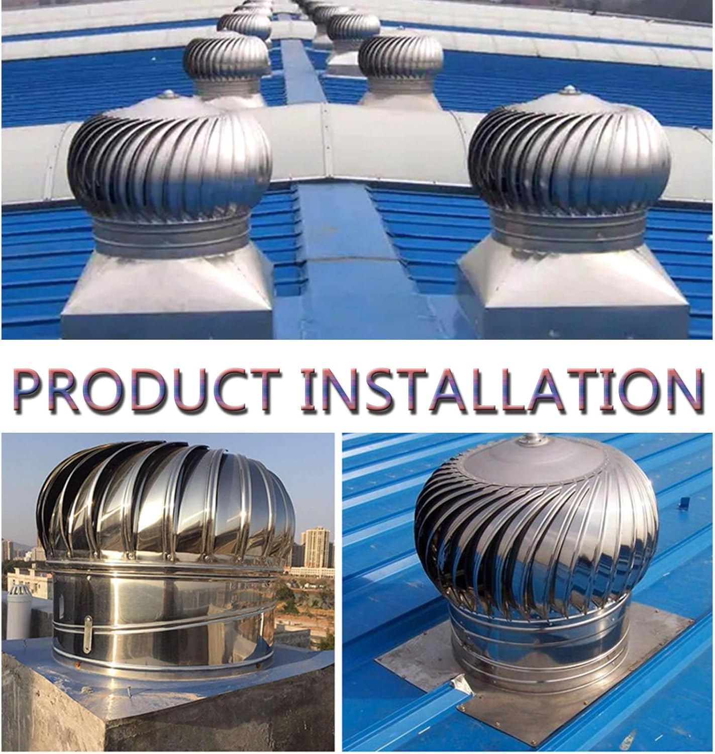 Galvanized Turbines, Roof Ventilator, Stainless Steel Exhaust Cap, Wind Turbines Air Vents, Internally Braced Wind Turbine, DIY Easy Vent Hookup Kit, Easy Connecting, For Ventilation And Exhaus )