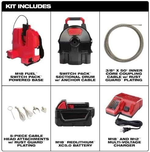 2775B-211 Compatible with Milwaukee 18V Cordless Drum Machine with 3/8” Cable, Drain Cleaner Tool Kit