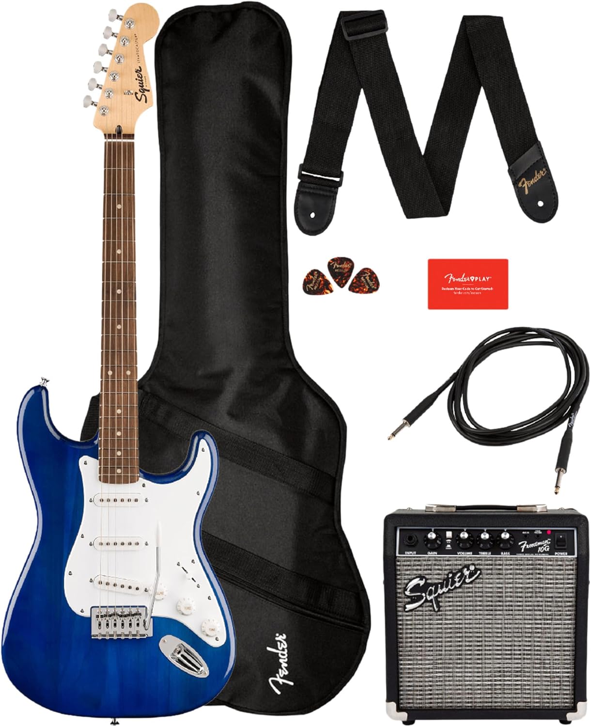 Fender Squier Sonic Stratocaster Pack - Sapphire Blue Transparent Bundle with Frontman 10G Amp, Gig Bag, Instrument Cable, Strap, Picks, and 3-Month Fender Play