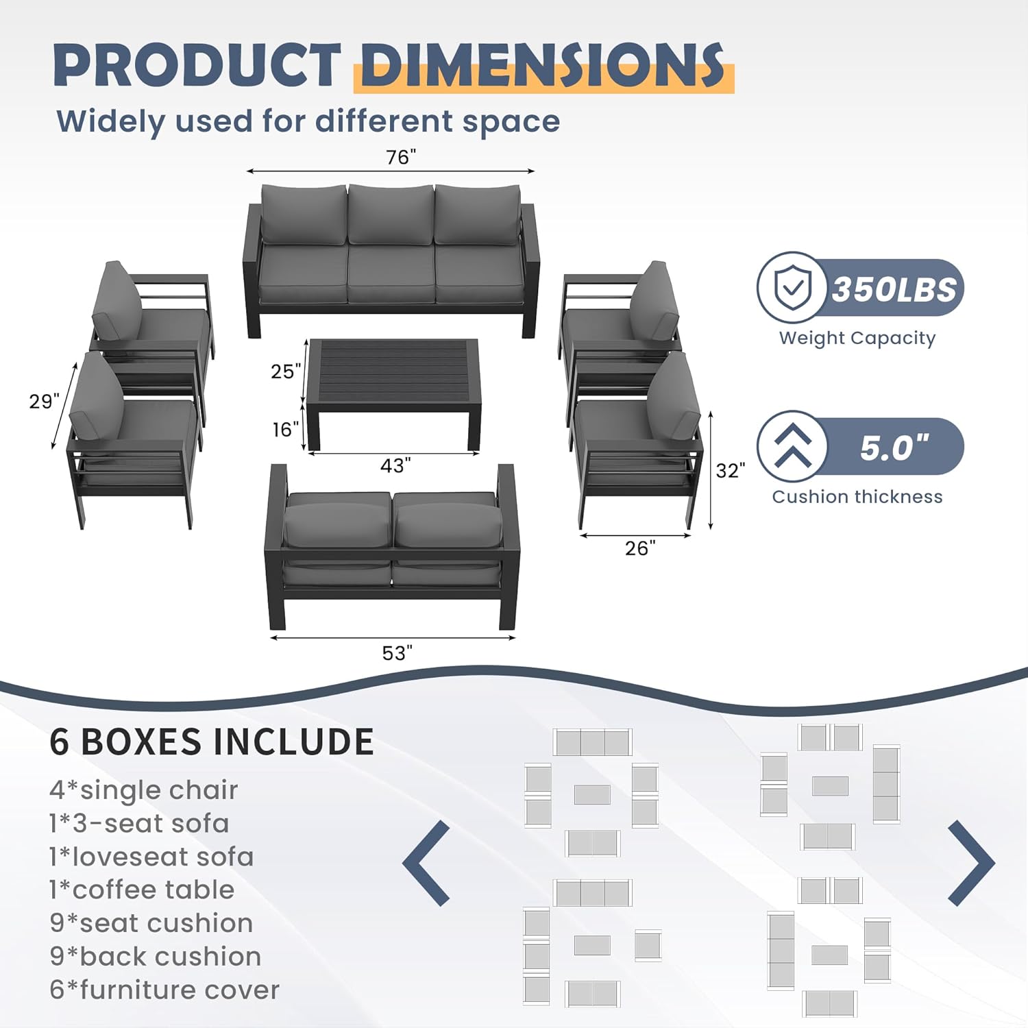 Amopatio Aluminum Patio Furniture Set, 10 Pieces Modern Patio Conversation Sets, Outdoor Sectional Metal Sofa with Coffee Table for Balcony, Garden, Dark Grey (Included Waterproof Covers)