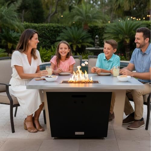 COOKE Palisades Rectangular Fire Pit Table - 52x36 - Chat Height - Propane - Brushed Aluminum Top with 3cm Edge - Dark Cherry Powdercoat Base