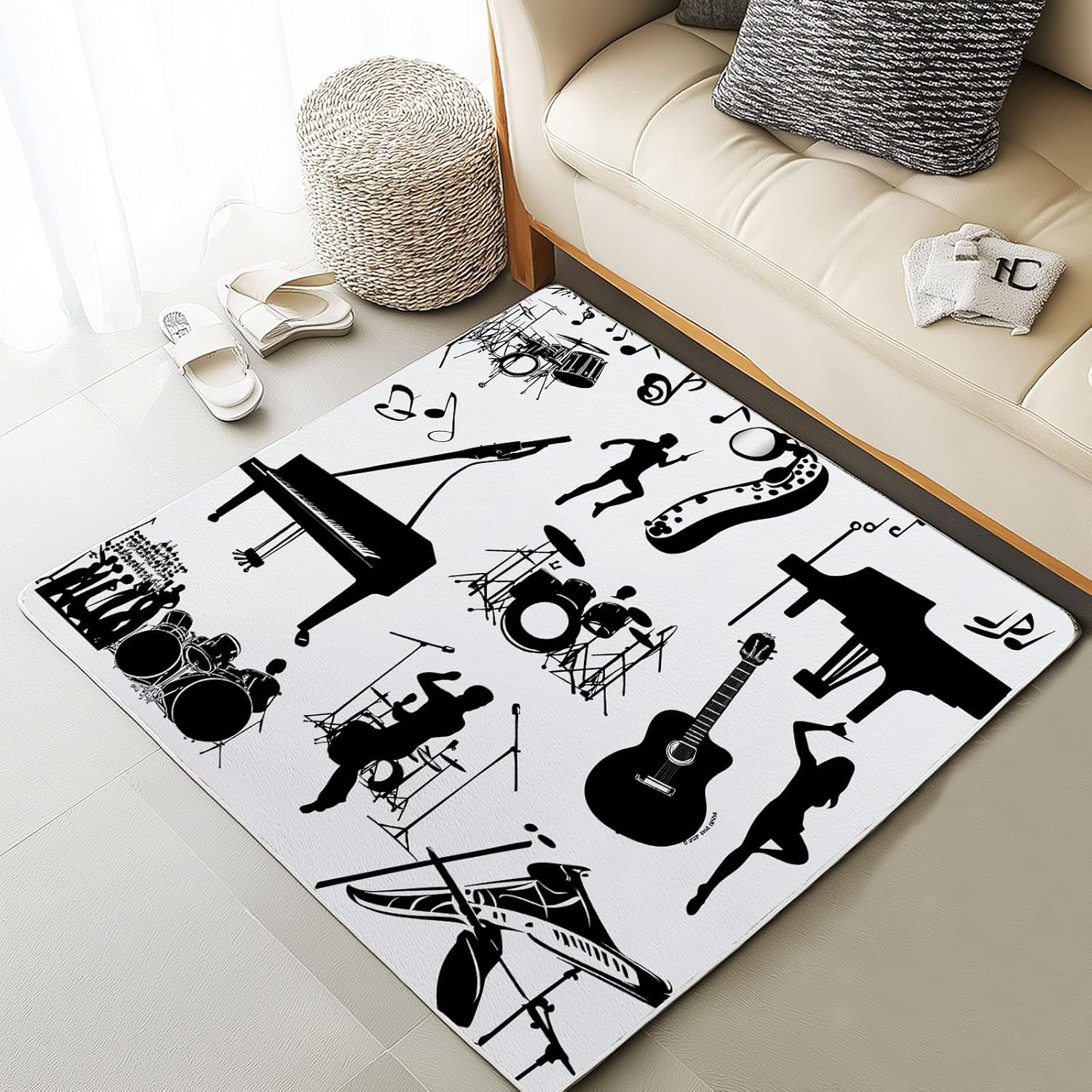 Piano Guitar Drum Set Rug 8x10 for Living Room, Musical Instrument Area Rugs for Bedroom, Black White Music Theme Carpet Low Pile, Room Decor Large Rugs, Soft Non Slip, Machine Washable Rug