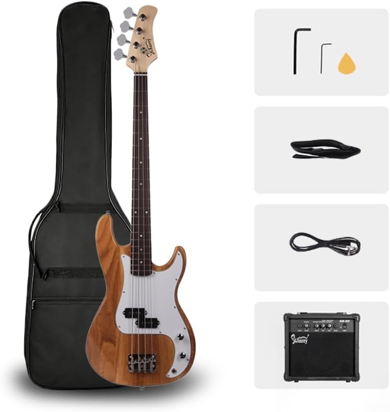 Glarry P Electric Bass Guitar Exquisite Full Size 4 String Guitar with AMP, Beginner Bass with Guitar Bag, Power Line & Wrench Tool (Dark Burlywood)