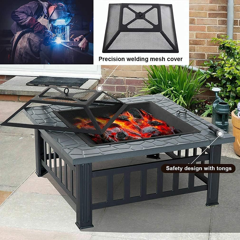Fire Pit 32 inch Fire Pits for Outside Firepit Multi-Purpose Metal Fire Pit Outdoor Wood Burning Fire Pit Table with Spark Screen & Safety Poker for Camping, Picnic, BBQ, Backyard, Patio