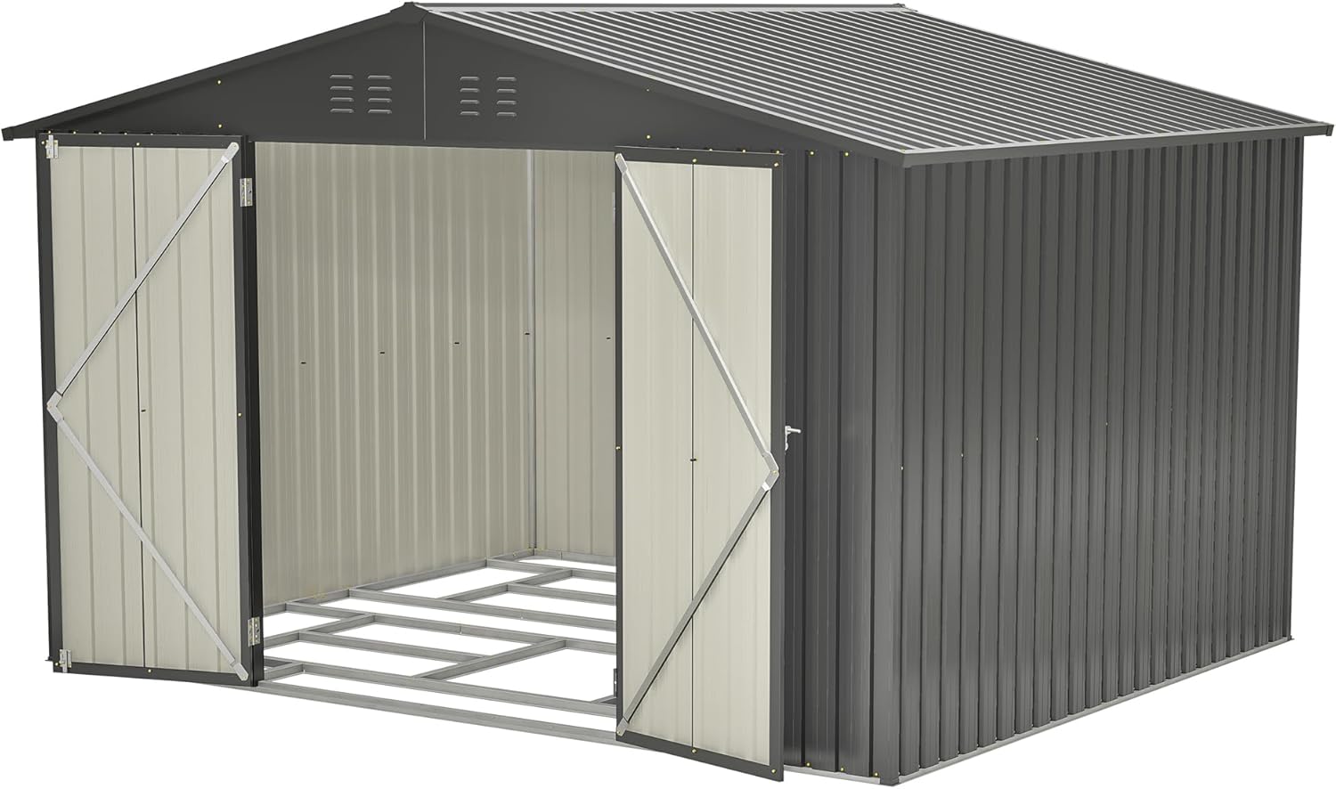 10X8 FT Outdoor Storage Shed, Lockable Metal Garden Shed with Sloped Roof & Air Vents, Tool Shed Tiny House Vertical Outside Storage Building for Backyard, Black