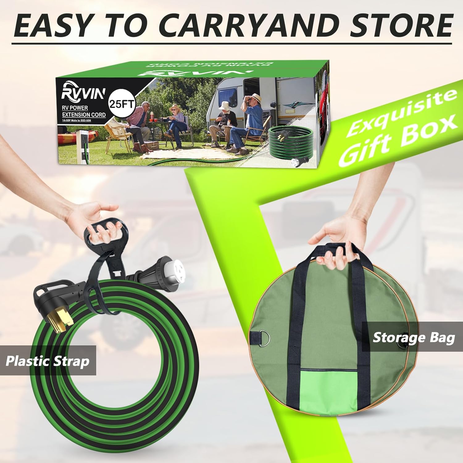 50 Amp 25 Feet RV Extension Cord, 14-50P to SS2-50R Heavy Duty STW Generator Extension Cord for RV Camper and Generator to House, with Locking Connector, ETL Listed (Black&Green)