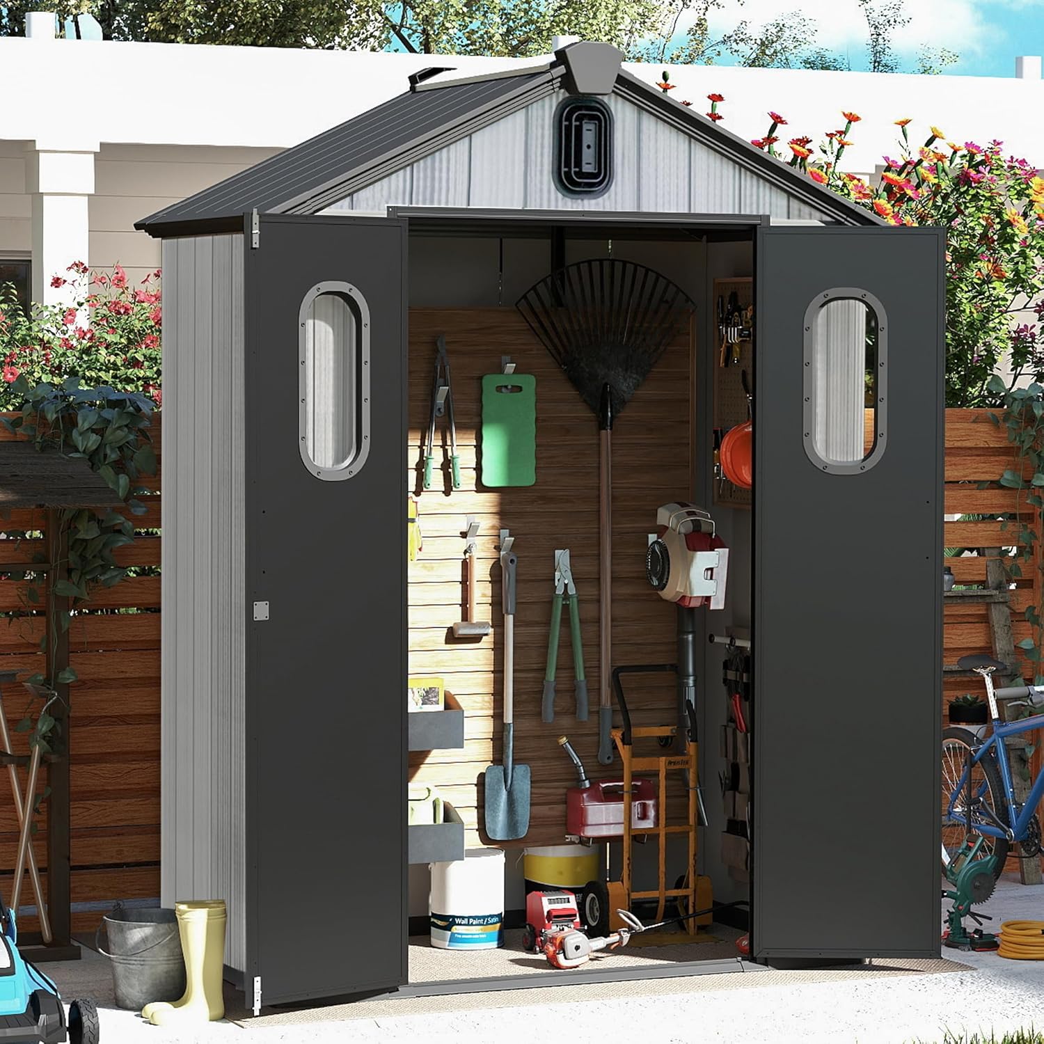 Domi 5x3 FT Outdoor Resin Storage Shed, All-Weather Double-Wall Storage Building for Backyard, Garden, Lawn Tools, Mower, Bike & Pool Equipment, Lockable Doors, Ventilated Roof, Grey