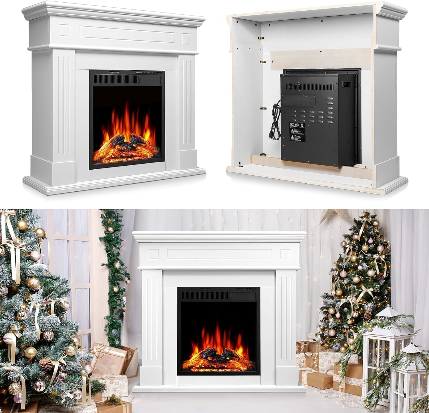 43 Inch Fireplace TV Stand with Mantel - Electric Fireplace Heater, Wooden Entertainment Center, Adjustable LED Flame, Freestanding (750W/1500W),Cream