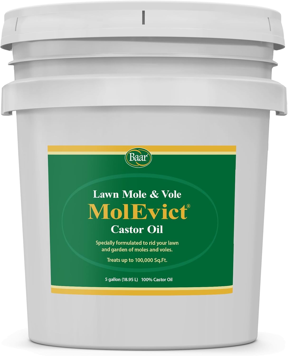 Baar Products - MolEvict Lawn Mole Castor Oil - Mole & Vole Repellent - Lawn & Garden Protection - Up to 100,000 Sq. Ft. of Coverage - Safe for Use Around House & Plants - 5 Gallons
