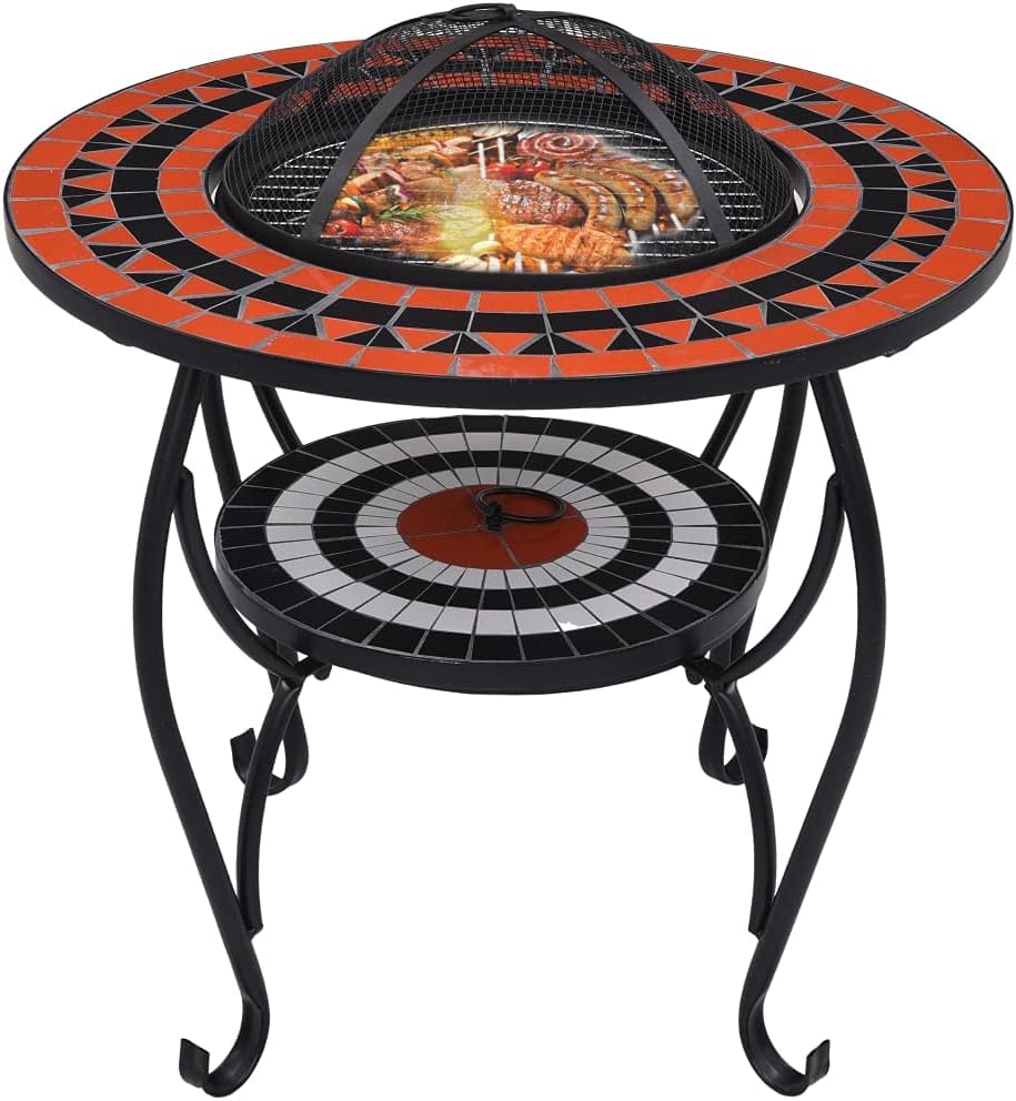 Mosaic Fire Pit Table with Mesh Cover and Electroplating Grid Ceramic Propane Fire Pits Absorbing and Radiating Heat Round Outdoor Fireplace for Garden Patio 26.8