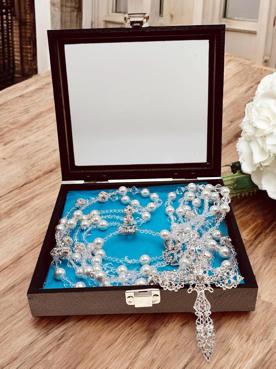 12mm White Crystal Pearls and Rhinestone Wedding Lasso/laso De Boda/Crystal Pearls Wedding Rosary Silver Plated Lazo De Boda Perlas Blancas Finas