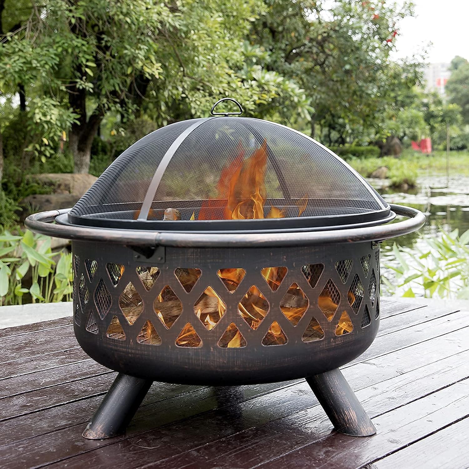 Small firepit,Outdoor Fire Pit with BBQ Grill Shelf Fire Bowl with Spark Protection Mesh Extra Includes Poker and Cover Garden Patio Heater