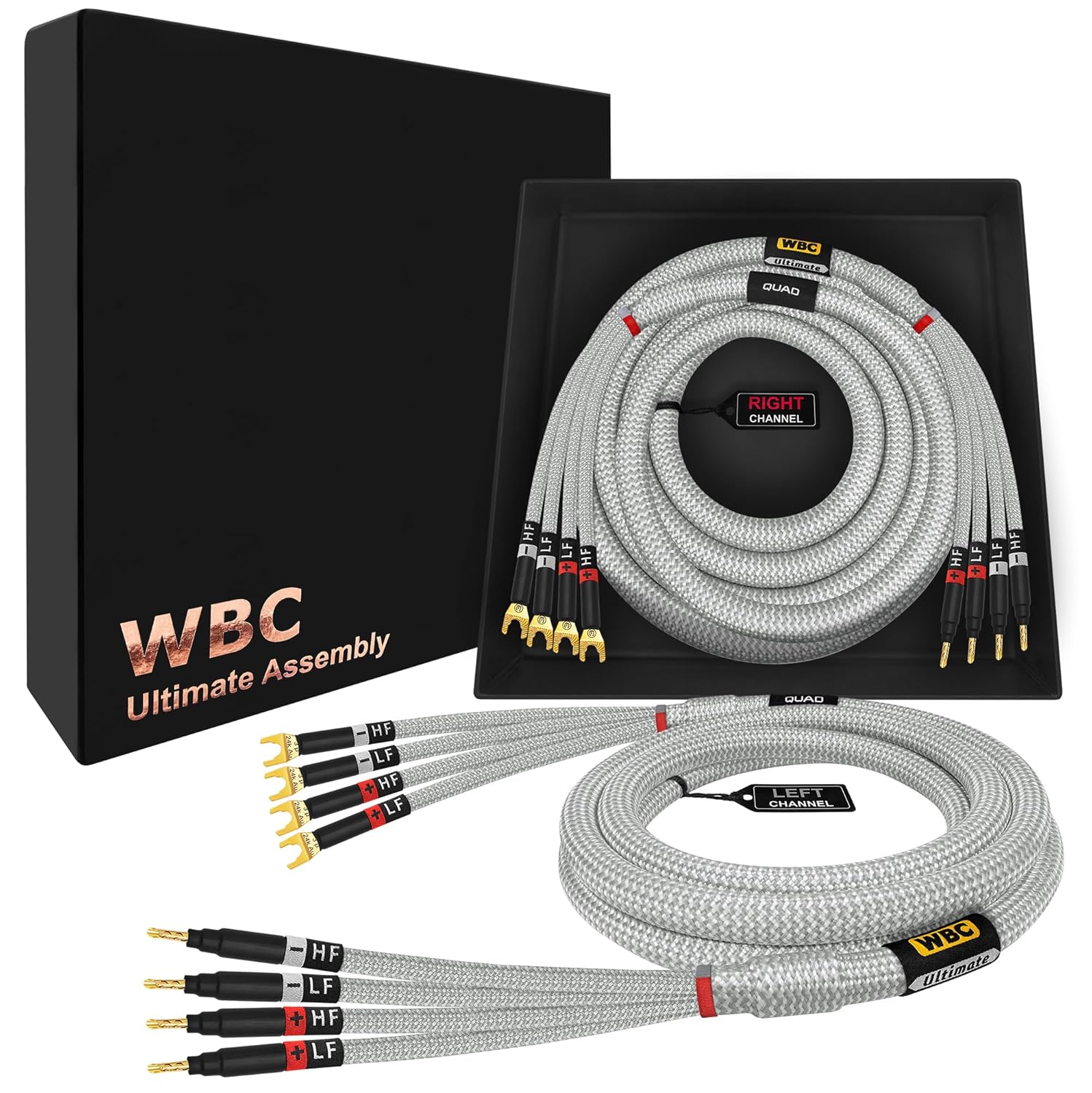 WORLDS BEST CABLES 6 Foot Ultimate - 12 AWG - Ultra-Pure OFC - Premium Audiophile HiFi Bi-Amp Speaker Cable Pair with Eminence Gold Banana (x4) & Spade (x4) Plugs & Silver Tweed Jacket