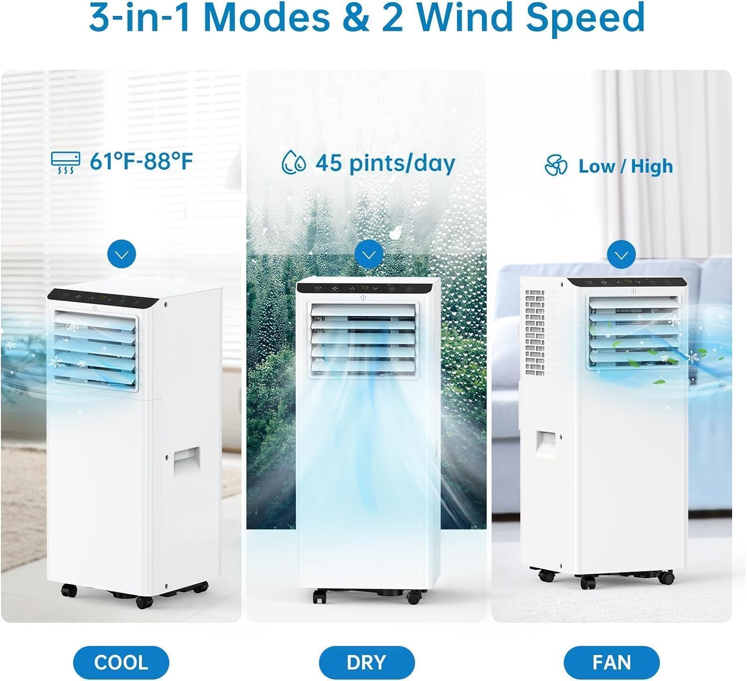 8000 BTU Portable Air Conditioners, 4-in-1 Portable AC Unit Up to 350 Sq with Fan & Dehumidifier Function, Remote Control & 24H Timer, Quiet Sleep Mode,LED Lights,Quiet Timer