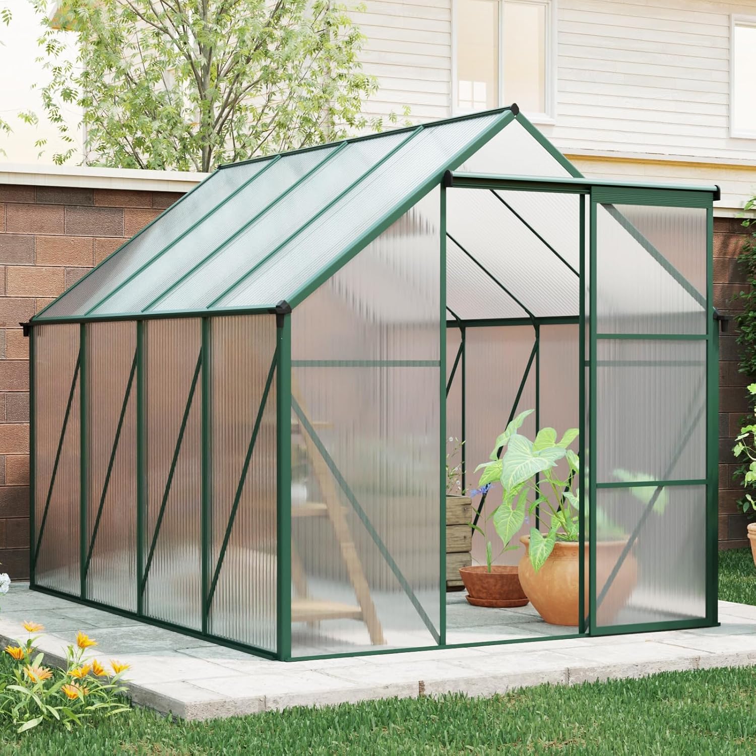 KEIKI 6x8 FT Polycarbonate Greenhouse with Aluminum Frame,Raised Base and Roof Vent,Walk-in Greenhouses for Patio Garden Backyard