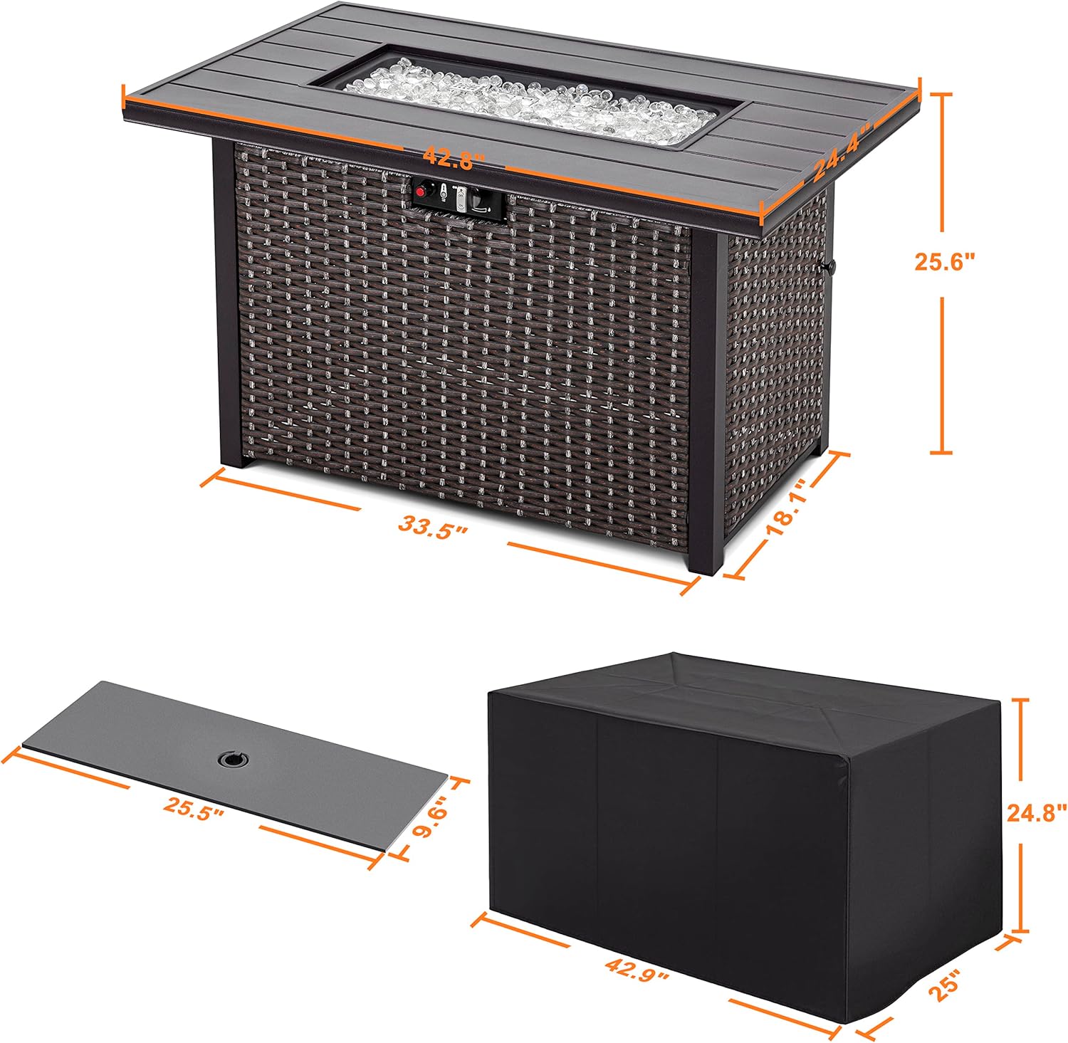 Nuu Garden 43 Inch Propane Fire Pit Table, CSA Certified 50,000 BTU Outdoor Patio Propane Fire Pit Table with 7 lbs Glass Stone & Removable Lid, Aluminum Tabletop, Water-Proof Oxford Cover, Brown