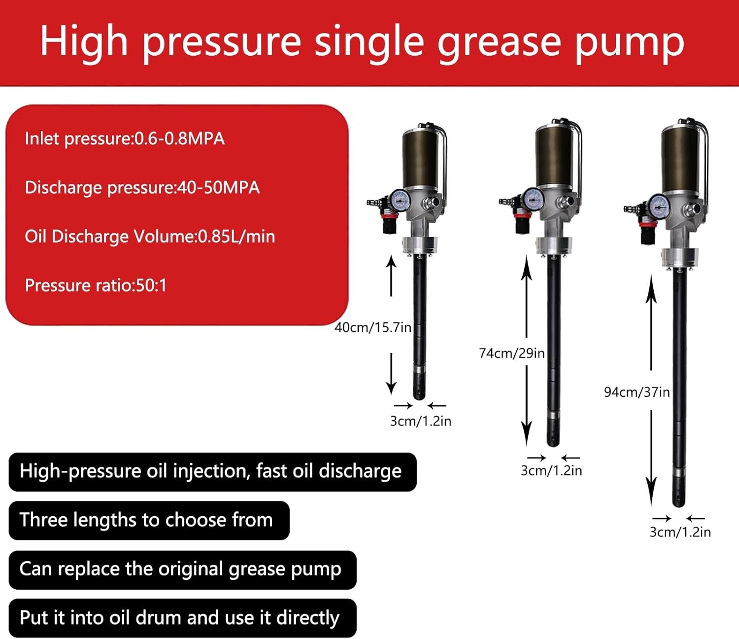 Pneumatic Grease Pump With A Discharge Capacity Of 0.85L/min, Pressure Ratio Of 50:1, Suitable For 5-gallon Drums, For Automotive, Machine Tool And Industrial Lubrication(Size:Pole length 94cm/37in)