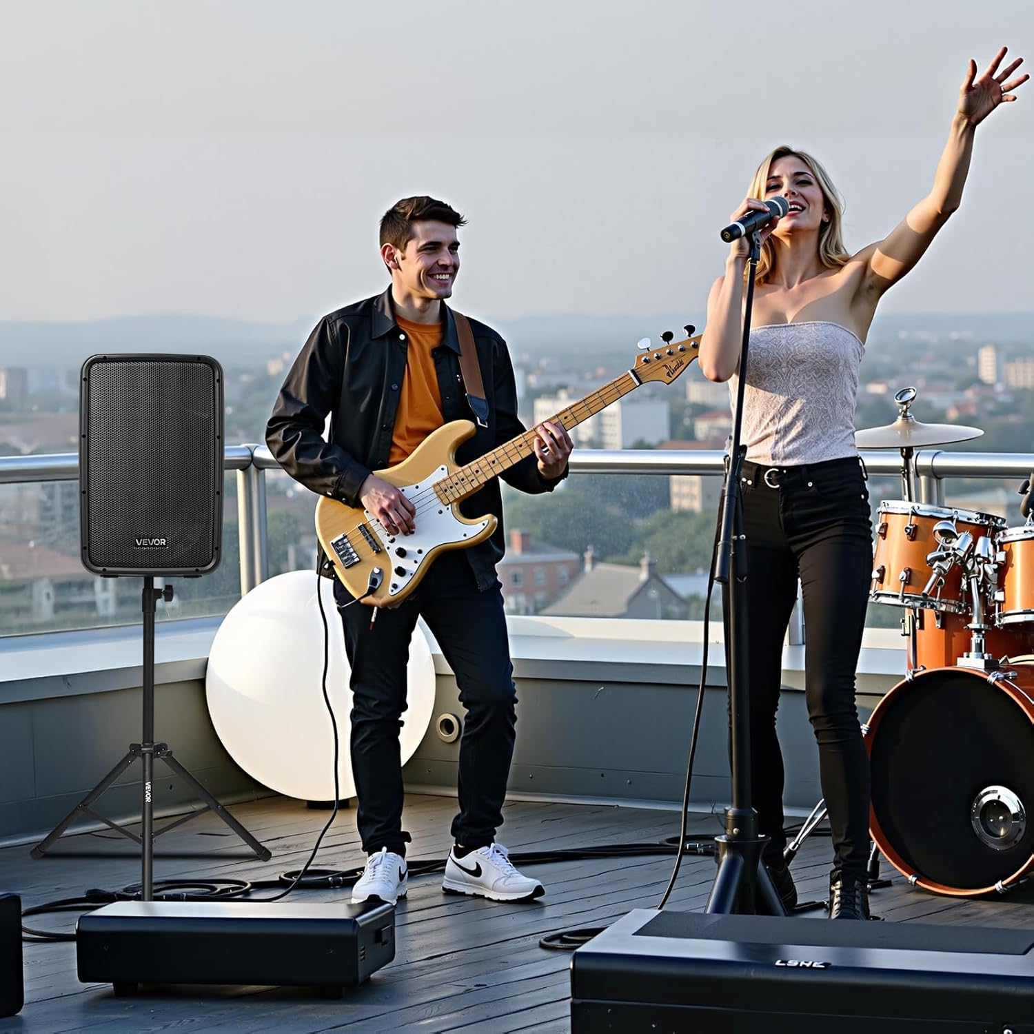 VEVOR Portable PA System with Microphone, 300W Powered, Sound System with 8 Channel Mixer, Dual 8'' Speakers, Wireless Bluetooth, Compact Stands, USB SD XLR RCA Inputs, for DJs Events Indoor &Outdoor