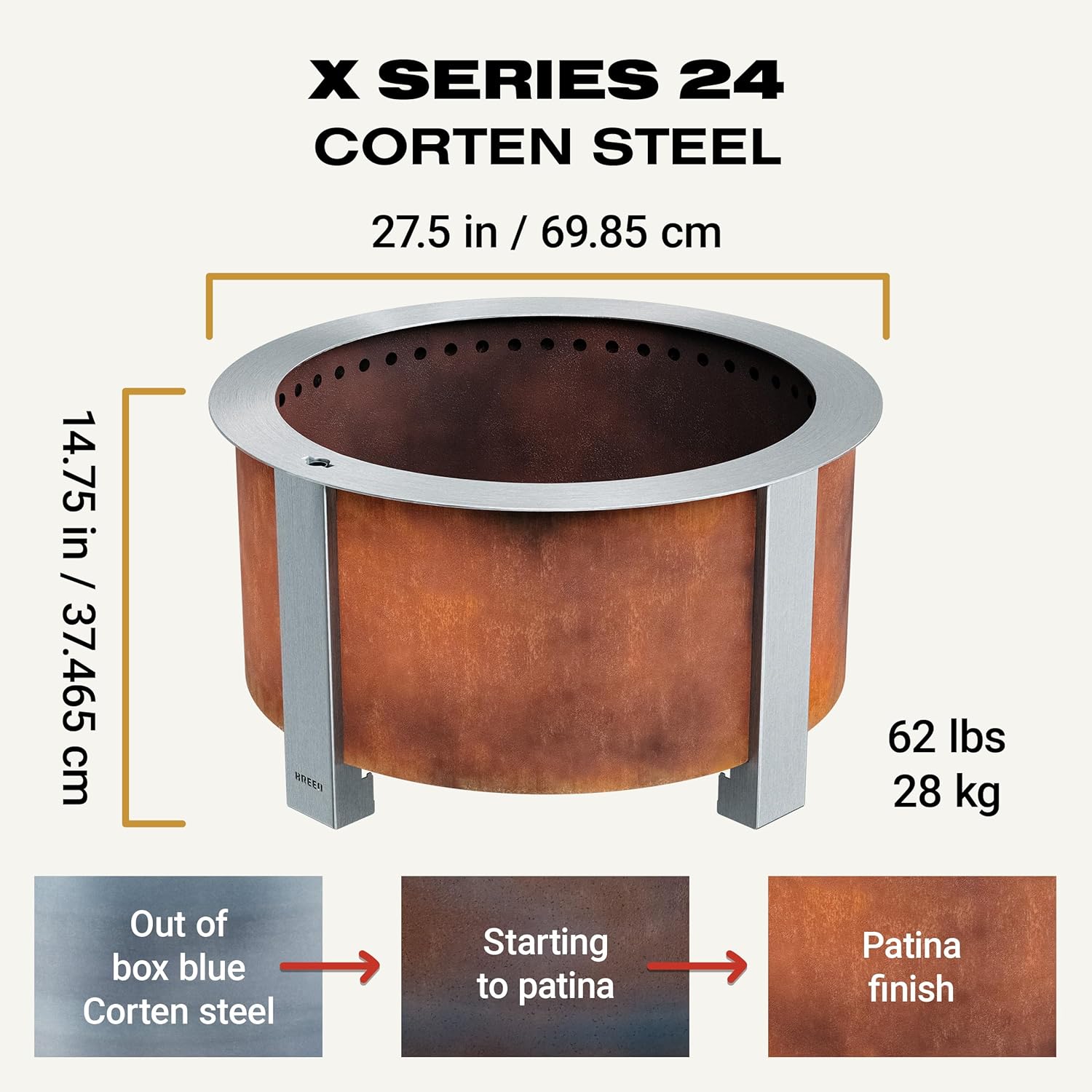Breeo Smokeless Fire Pit (X Series 24, Corten Steel) | 27.5 inch Smokeless Firepit for Outside | 62 Pounds | Ideal for Families, Gifts for Dad | Compatible with Wide Range of Breeo Accessories