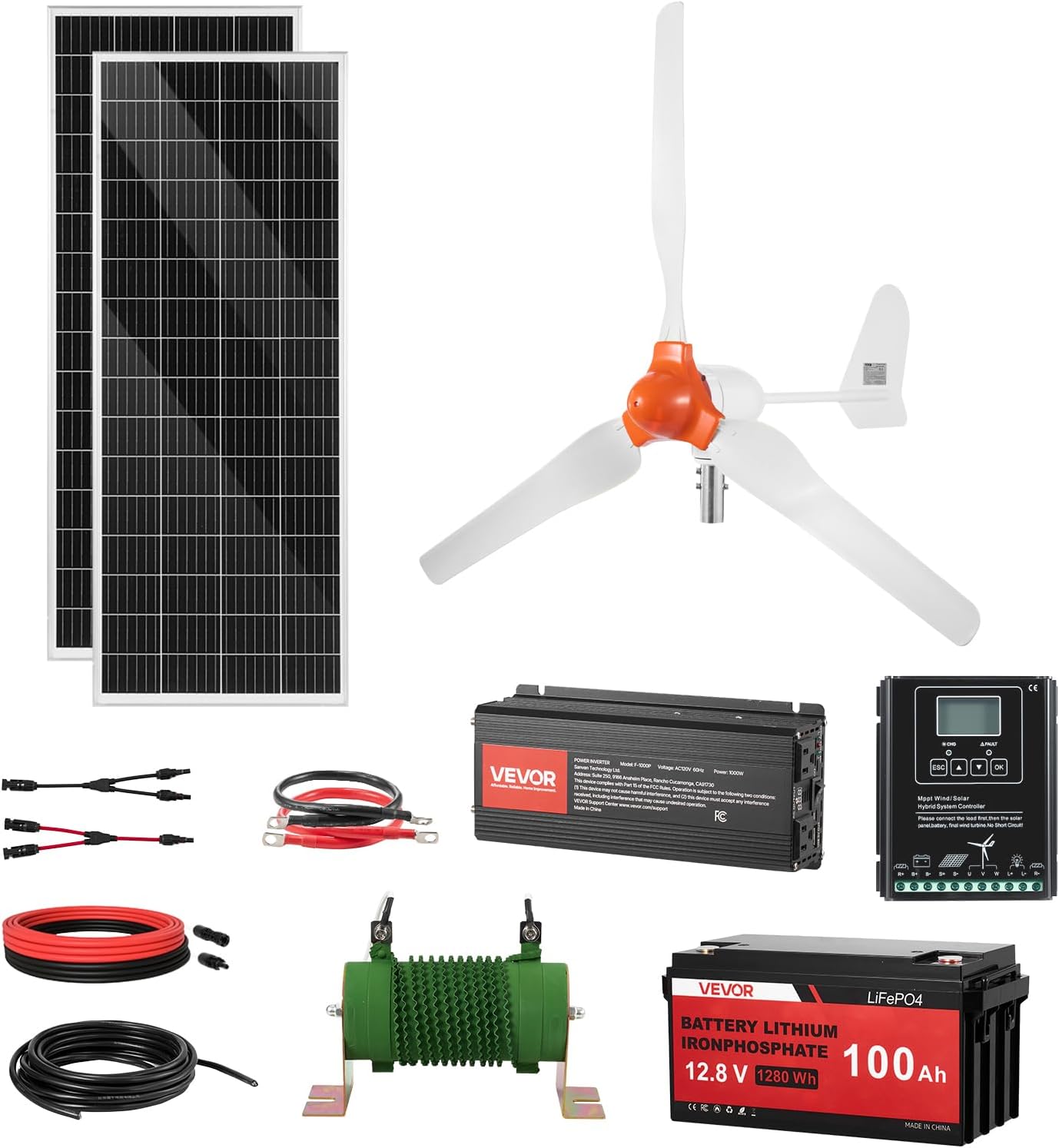 VEVOR 12V 600W Solar Wind Power Kit, 2PCS 100W Solar Panel + 400W Wind Turbine + 12.8V 100Ah LiFePO4 Battery + 1000W Power Inverter + MPPT Hybrid Controller for Home RV Boat Off-Grid Applications