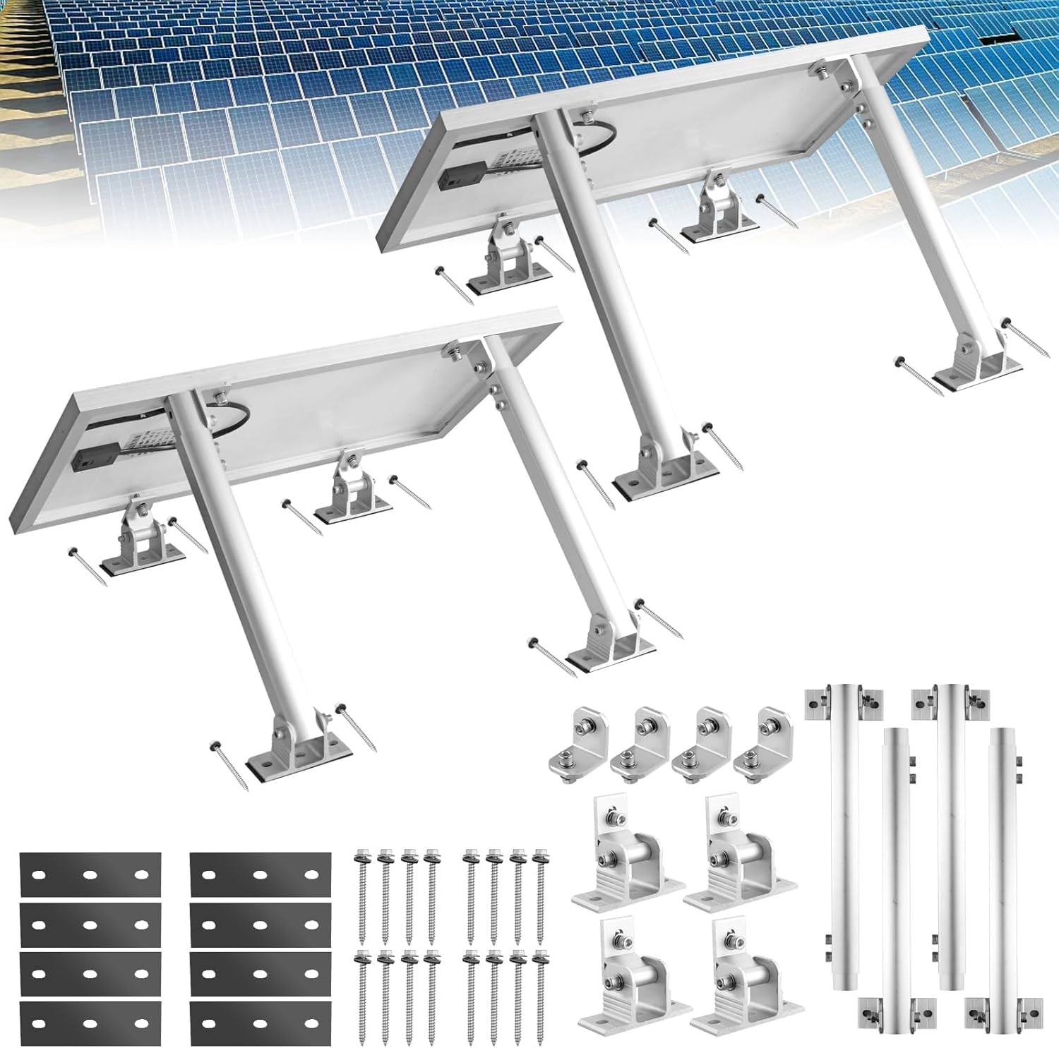 Anbte 2 Set Adjustable Solar Panel Tilt Mount Brackets, Aluminum Alloy Solar Ground Mount 15-30° Support 50W 70W 100W 150W 200W 300W 400W Panels, for Flat Surface, RV, Roof, Boat, Silver