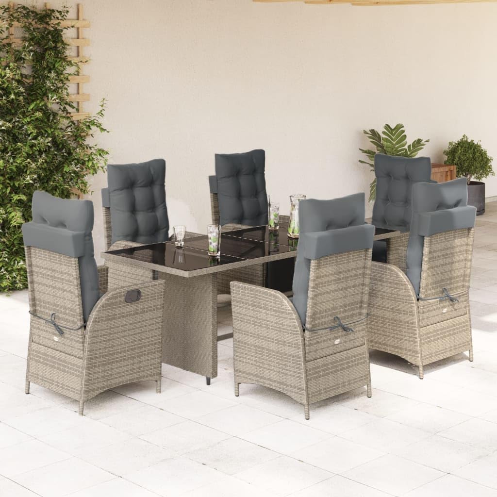 Furniture Sets 7 Piece Patio Dining Set with Cushions Gray Poly Rattan,Rattan Garden Dining Set with Reclining Chairs and Glass Table Garden Conversation Sets